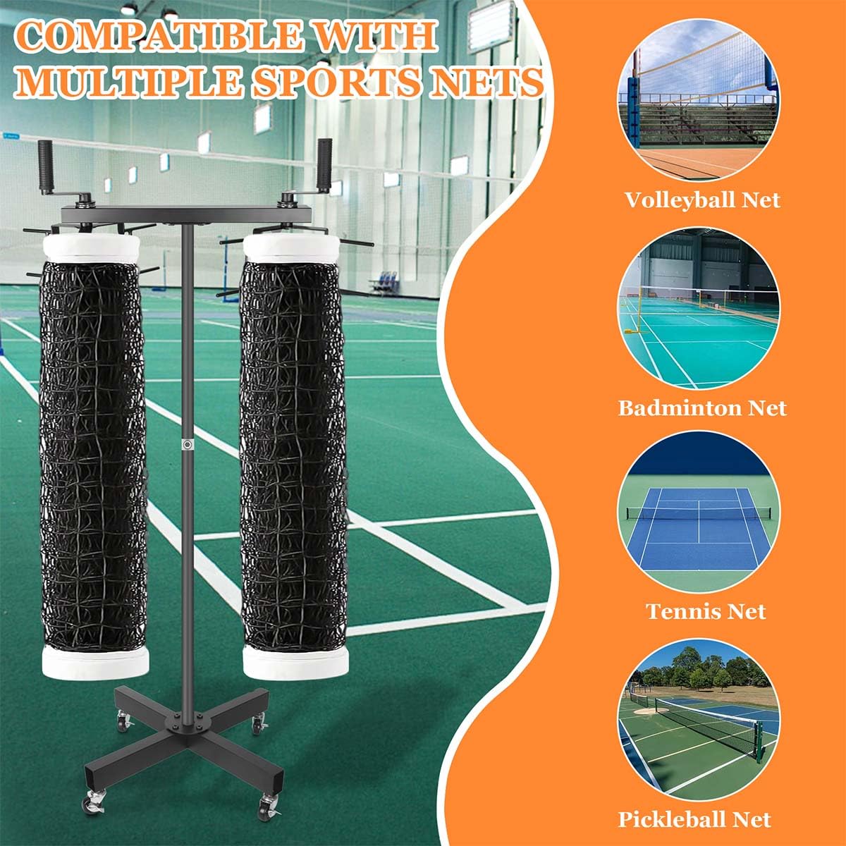 Ecliptica Heavy Duty Movable Volleyball Net Storage Rack with Lockable Wheels - Holds 2 Standard Nets, Durable Volleyball Equipment Storage Net Rack for Gym, School, or Training Minimal Floor Space