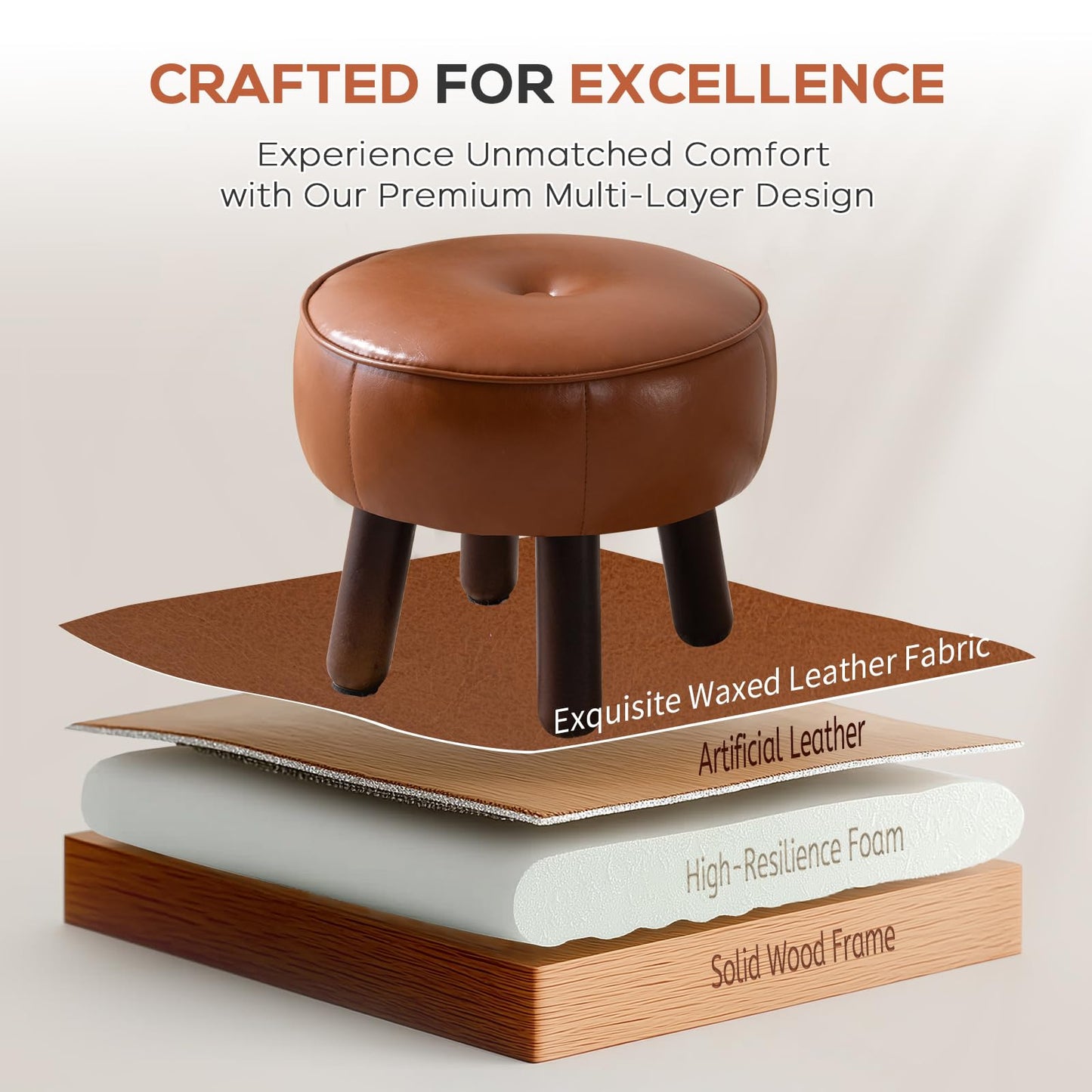 oakvivo Small Foot Stool, Round Faux Leather Pouf Ottoman Foot Rest, Footstool Ottomans with Rubber Legs Under Desk, 13''L x 13''W x 10.2''H, Footrest for Couch, Living Room, Bedroom, Hallway, Brown