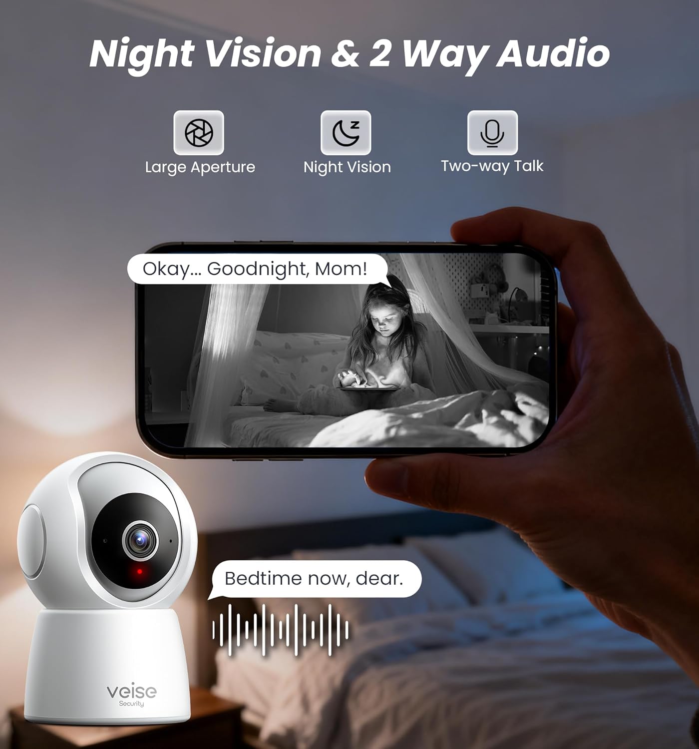 Veise 2K 360 2-Way 2.4GHz Indoor Camera for Home Security, Wireless WiFi Pet & Baby Monitor with Phone App, AI Motion