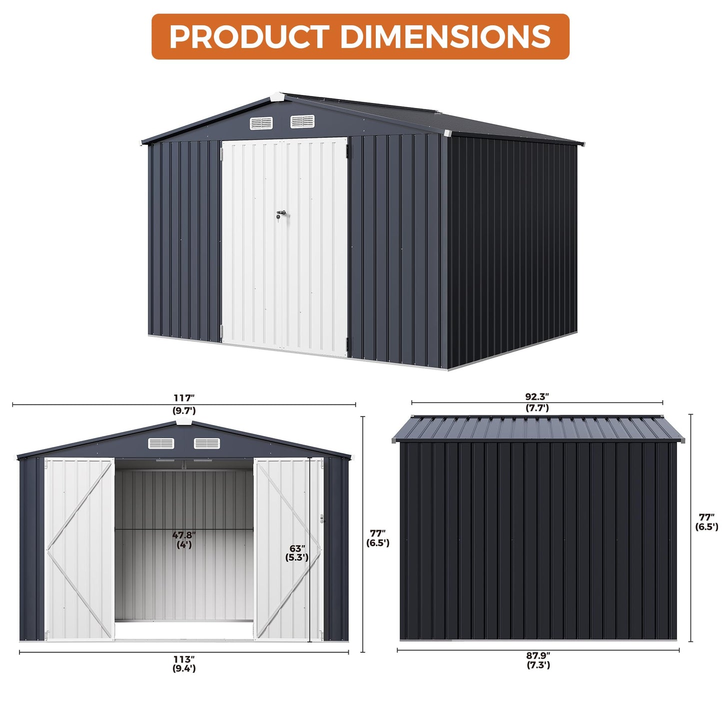IRONCK 10x8FT Storage Shed, Outdoor Tool Shed with Lockable Doors and Breathable Vent, Outside Metal Garden Storage for Poolside, Backyard, Patio, Dark Blue