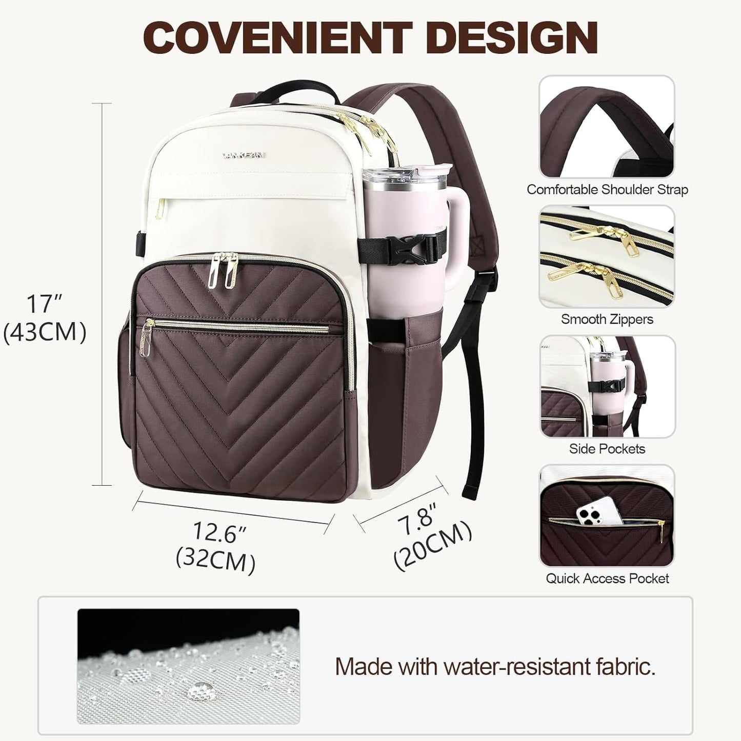 Backpack 15.6 Inch Backpack VANKEAN Laptop for Women with Pouch Pocket for Large Capacity Tumbler, Laptop Computer Bag