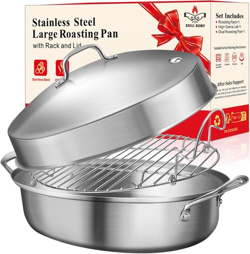 GRILL BUMP Roasting Pan - 21x13 Inch Stainless Steel Turkey & Chicken Roaster with Rack and Lid