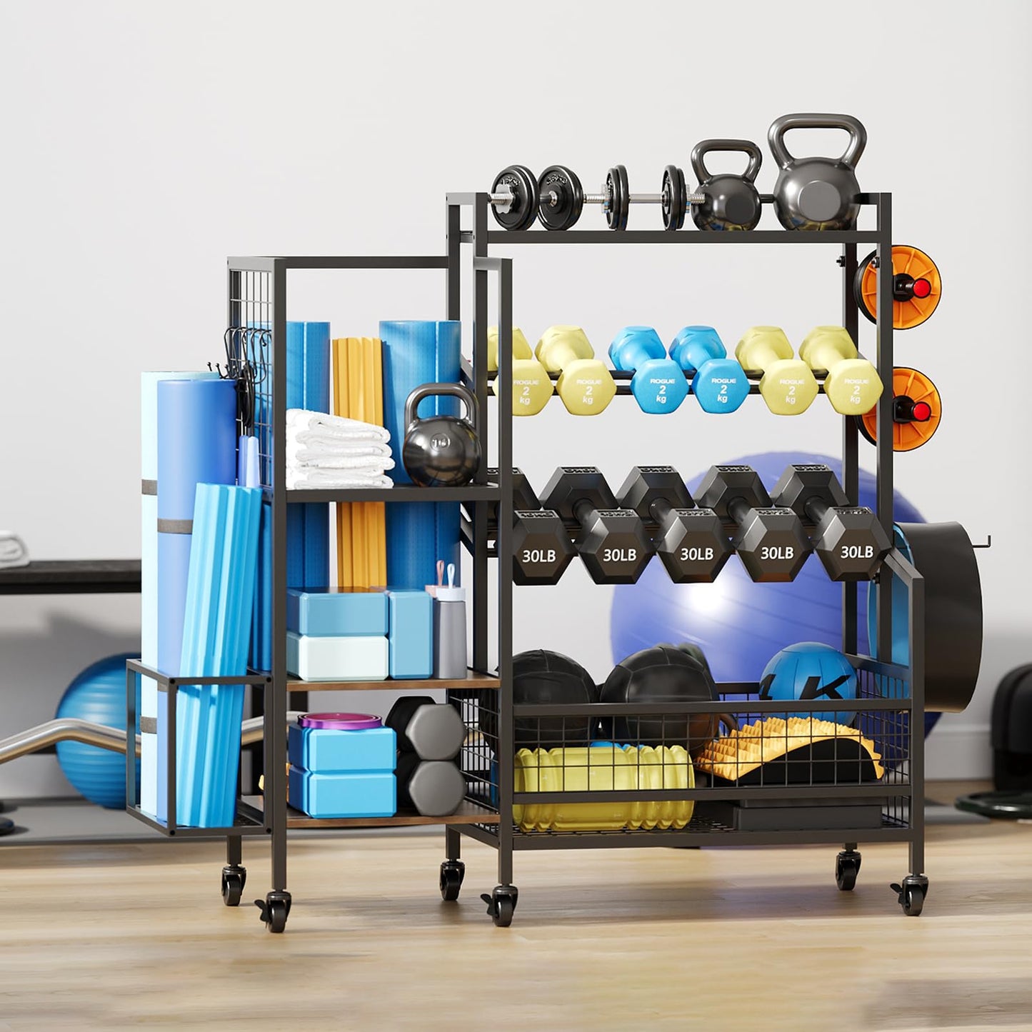 3-Tier Dumbbell Rack Stand Only - Adjustable Weight Rack for Home Gym, Heavy-Duty Weight Stand With Hooks for Dumbbells Kettlebells Foam Roller Yoga Mats Workout Equipment Storage Organizer
