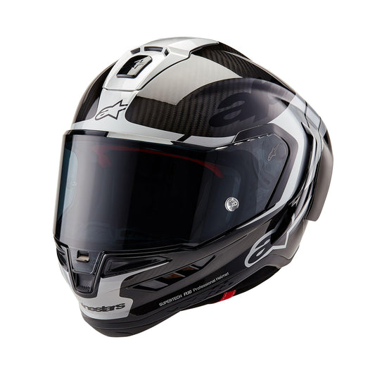 Alpinestars Supertech R10 Element Helmet, Carbon Fiber, Aerodynamic Full-Face Design, Ventilation & Safety, DOT & ECE Certified for Street & Track Riders, Black/Carbon Silver/Black Glossy, S