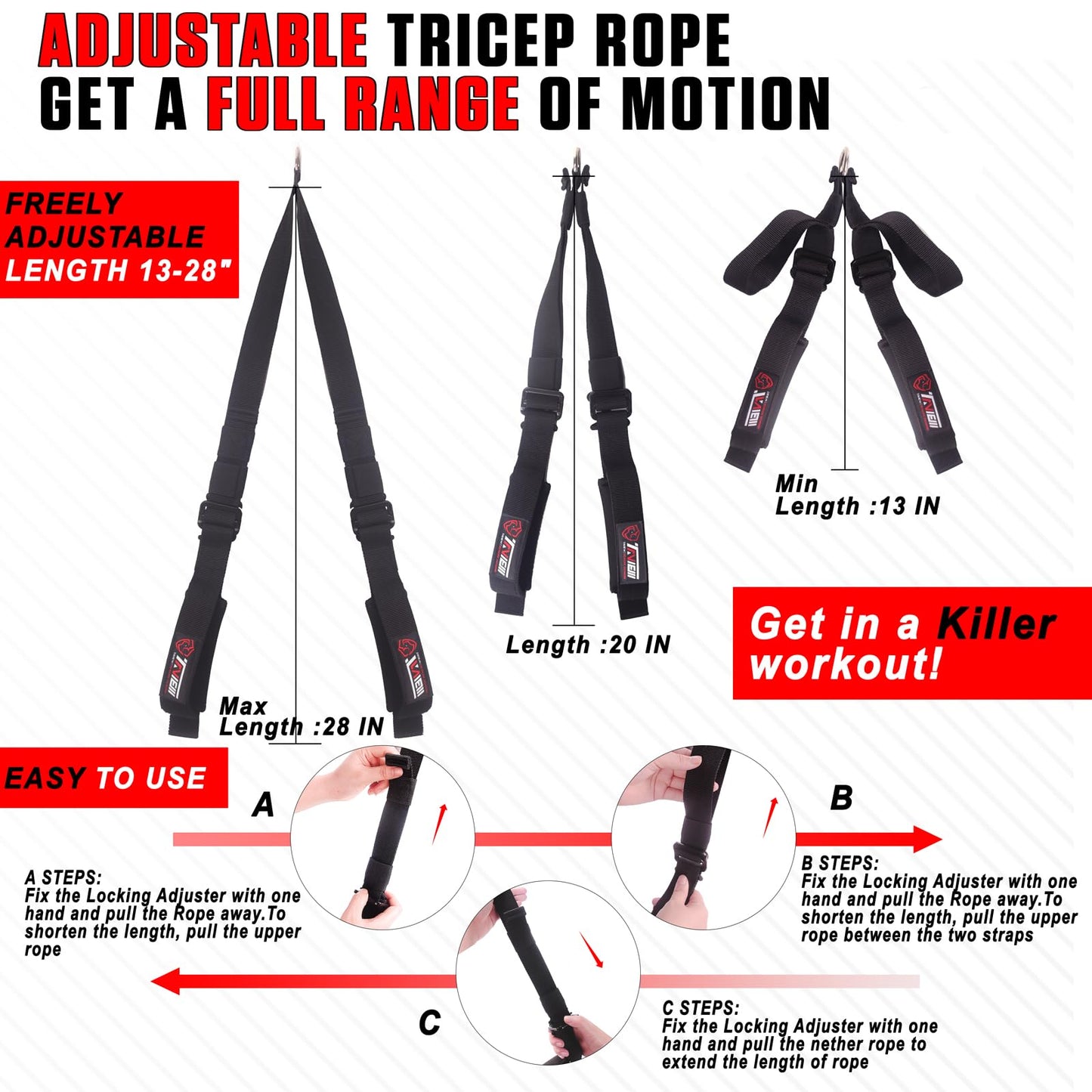 TAVIEW Tricep Rope Adjustable Cable Attachment (13-28 inches),Tricep Pull Down Rope Extension Straps Cable Crossover Accessories (Adjustable Length (13-28inch) Green)
