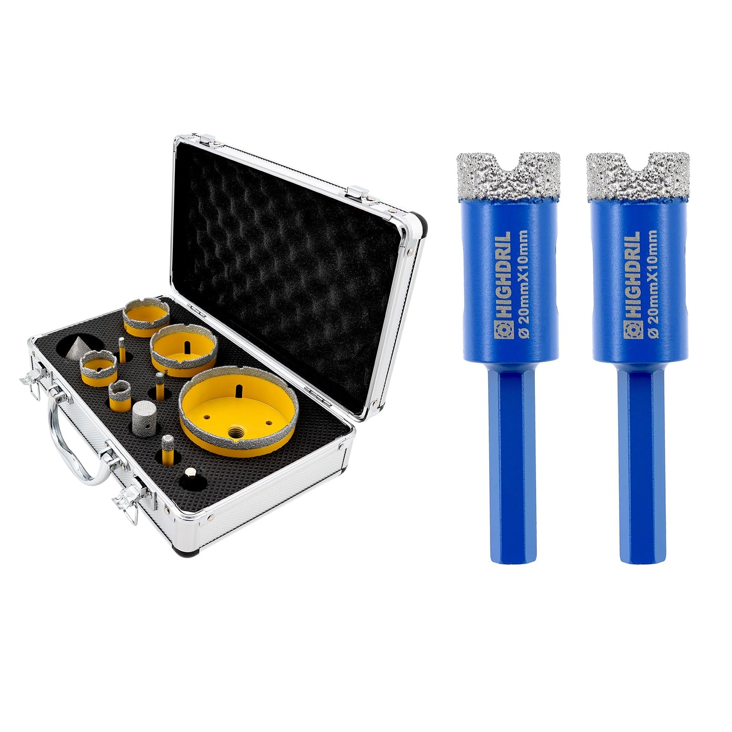 HIGHDRIL Diamond Drill Bits Kit with 5/8-11 for Porcelain Tile Ceramic Marble Brick Concrete Vacuum Brazed Hole Saw(6/8/10/20/35/50/65/100mm+50mm Chamfer Bit+20mm Finger Bit+Adapter)