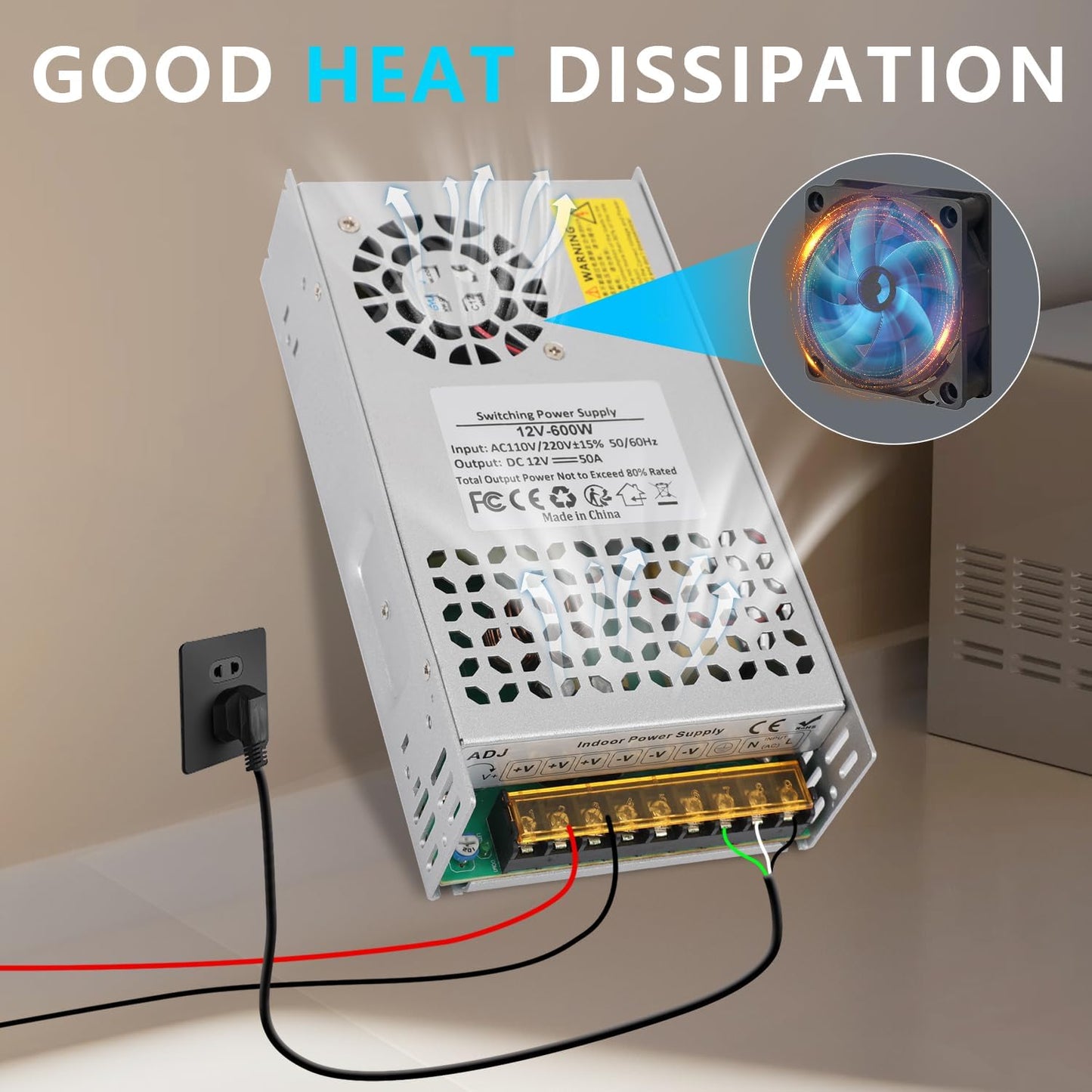 12V 50A 600W 110V 12v 50A 600W 3D Power Supply Transformer, AC to DC Converter Adapter SMPS, DC Power Supply for LED