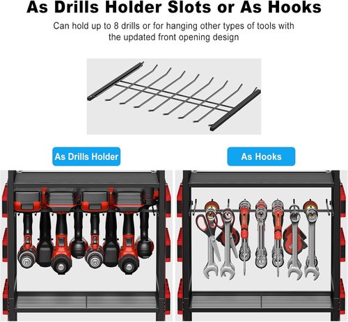 JUNNUJ Power Tool Organizer Cart - Heavy-Duty Rolling Storage with Charging Station & 8 Outlet Power Strip - Red