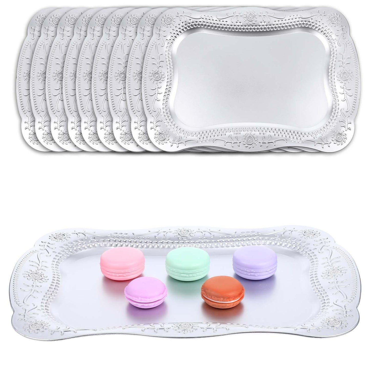 10 Pcs Plastic Serving Trays Rectangle Platters for Dessert Display Tray for Decoration Embossed Serving Platter Dish for Parties, Weddings, Engagements, Birthdays (13" x 9",Silver)