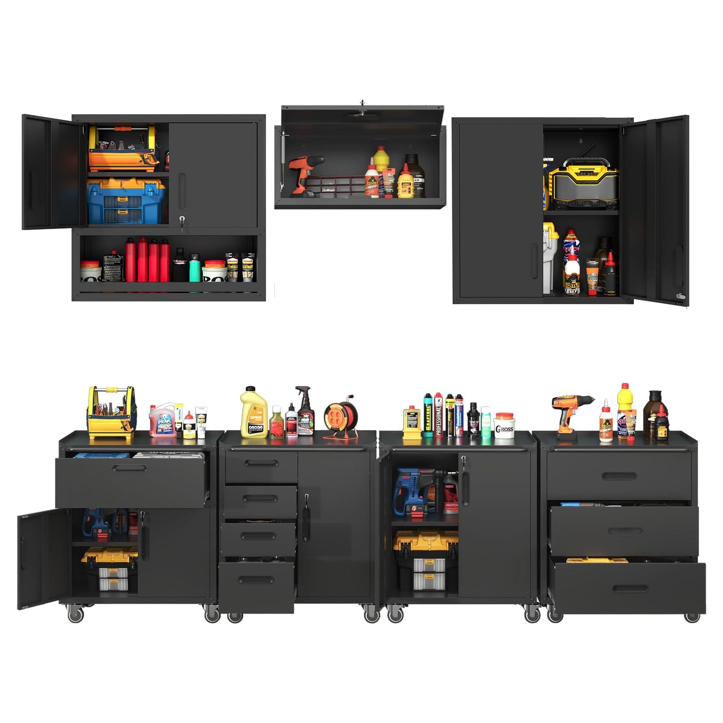 VIYET Metal Tool Cabinet,Garage Storage Cabinet System,Wall Cabinet & Locking Rolling Tool Cabinet with Doors and Adjustable Shelves,Steel Tool Cabinets for Home