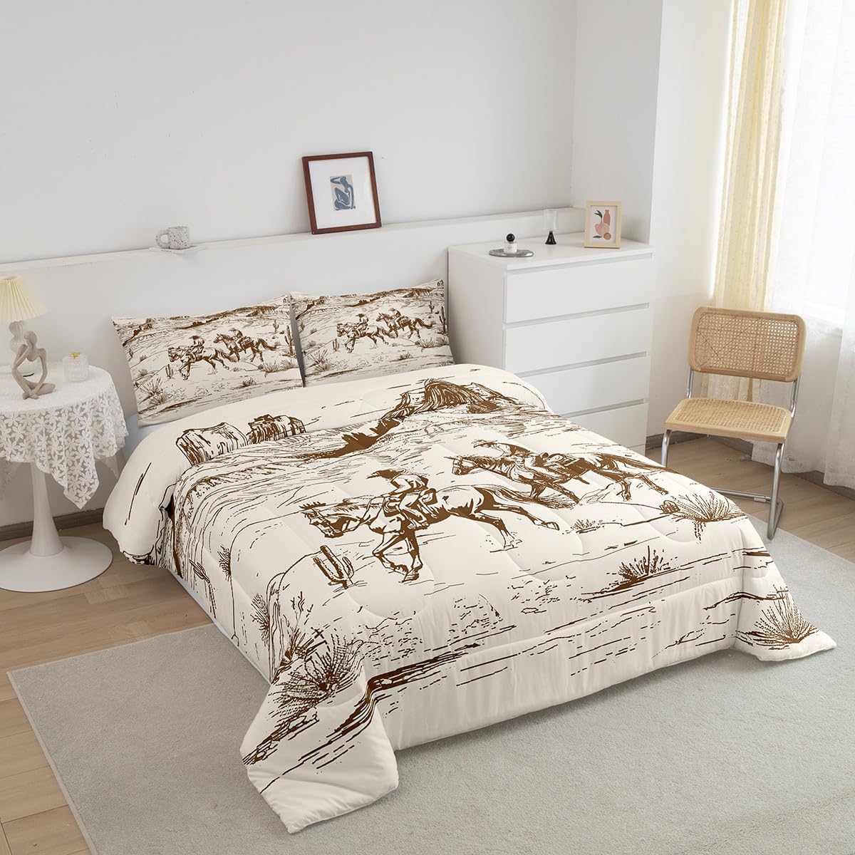 Erosebridal Cowboy Comforter Set Western Bedding Twin Size Wild West American Desert Hand Drawn Illustration Room Decor Down for Teens Boys Adults Men Girls Rustic Farmhouse Duvet Insert