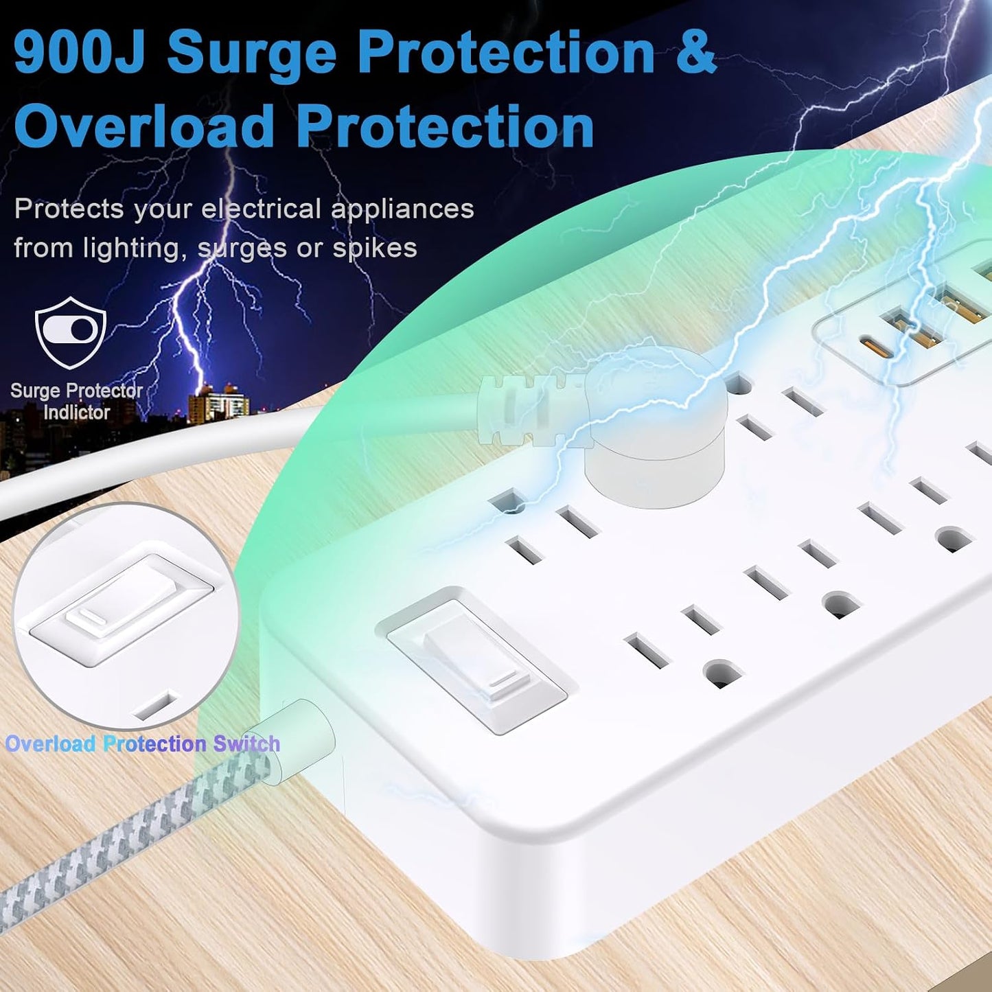 Roopersnake 8 4 Ports(1 Bluetooth Portable Speakers Extension Cord Surge Protector Power Strip - Flat Plug Braided