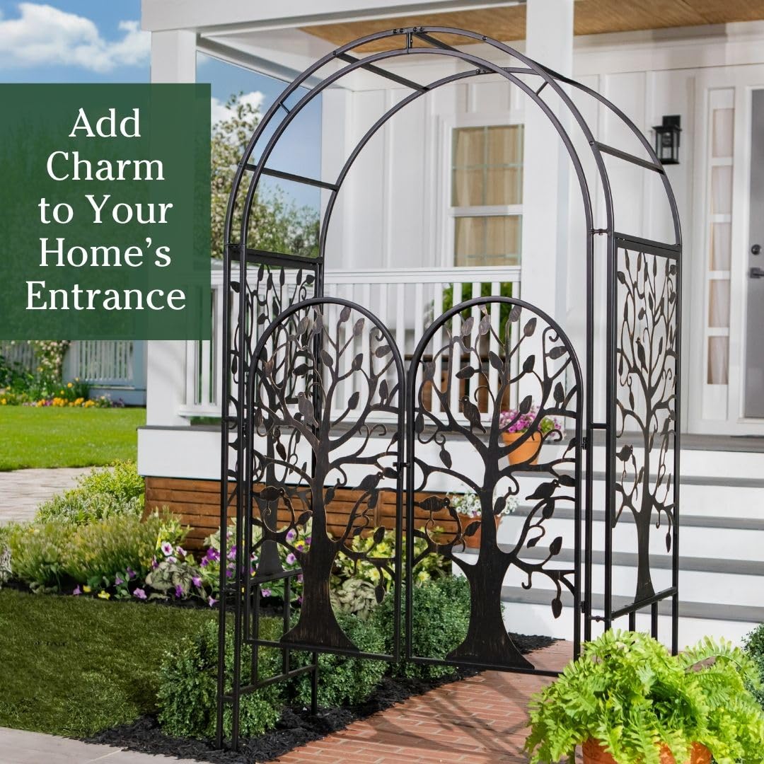 Plow & Hearth Arch Metal Outdoor Garden Arbor, 84 inches Tall, Iron Trellis Lattice for Climbing Plants, Wedding Arch, Outdoor Patio Décor (Tree of Life with Gate)