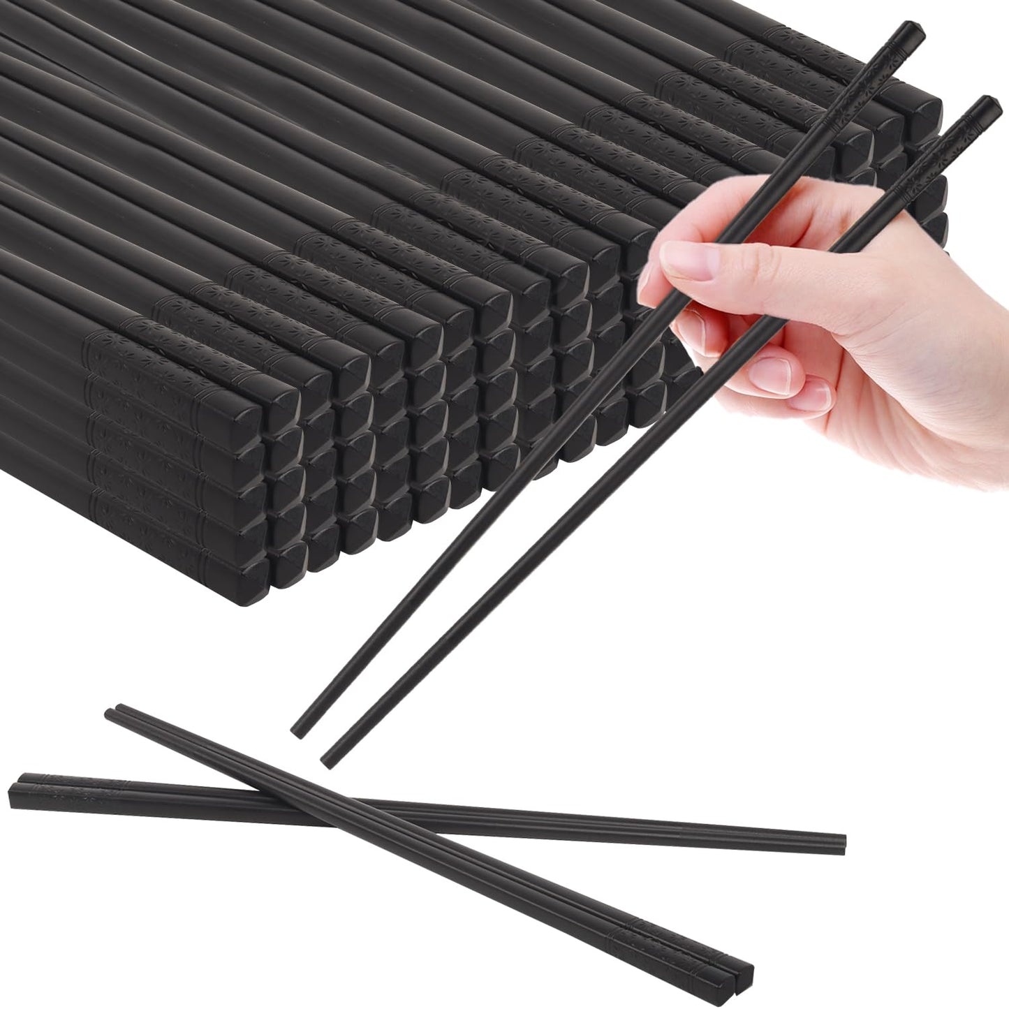 50 Pairs Fiberglass Chopsticks, Reusable Chopsticks Non-Slip Chopstick Dishwasher Safe Chopstick,Black Cherry Blossom Chopsticks for Japanese & Chinese Style Cooking (9.5")