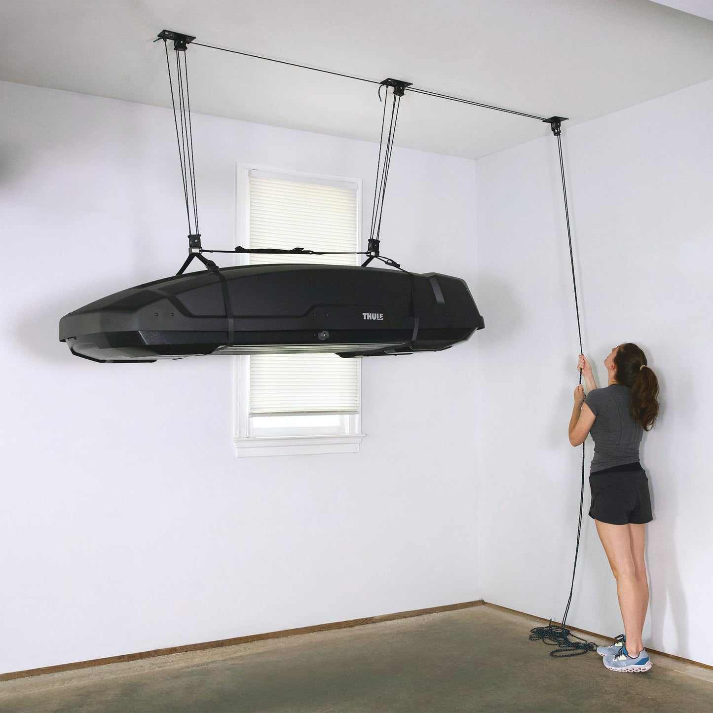 Teal Triangle Heavy Duty Elite Cargo Box Hoist, Easy-Lift Garage Pulley System, Holds 150 lbs, Fits 8-Foot Ceilings, Patented No-Slip Strap, No Setup Required