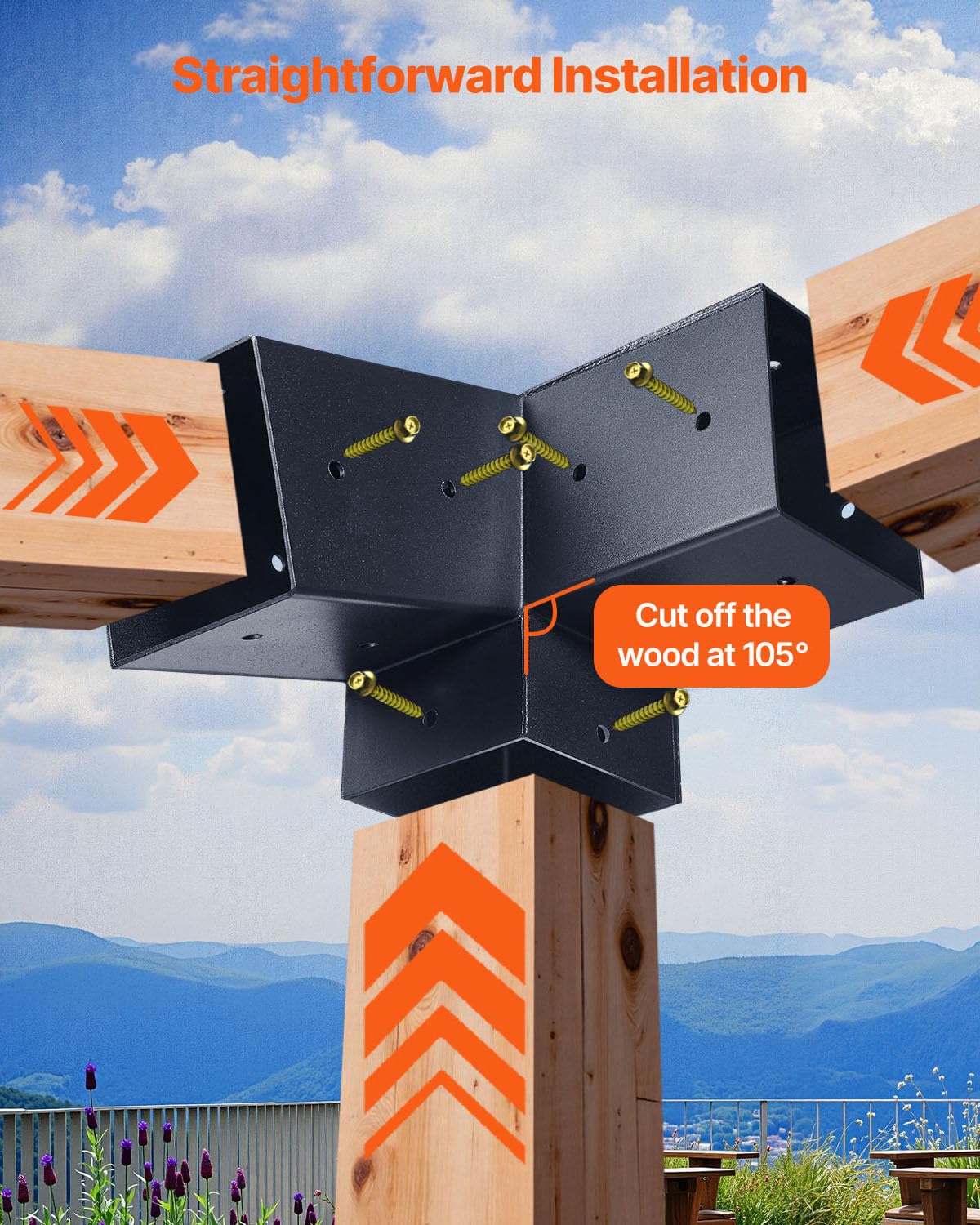 VEVOR Pergola Kit, 4x4 Inch 3-Way Slanted Bracket for 3.5x3.5 Inch Wood Beams in Actual Size, Carbon Steel Pergola Bracket with Screws and Post Bases, for Outdoor Wood Pergolas, Gazebos, Sheds, 8 Pcs