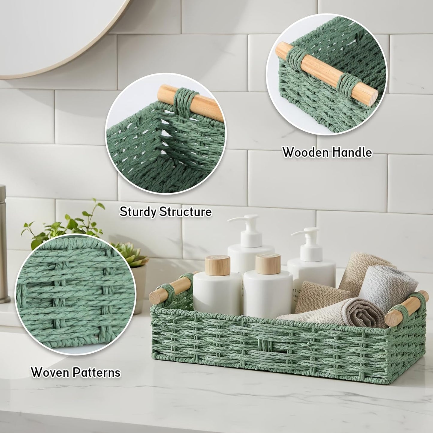 Skiennix Small Bathroom Storage Baskets - Woven Paper Rope Organizers in Sage Green | Perfect for Home Decor & Gifts