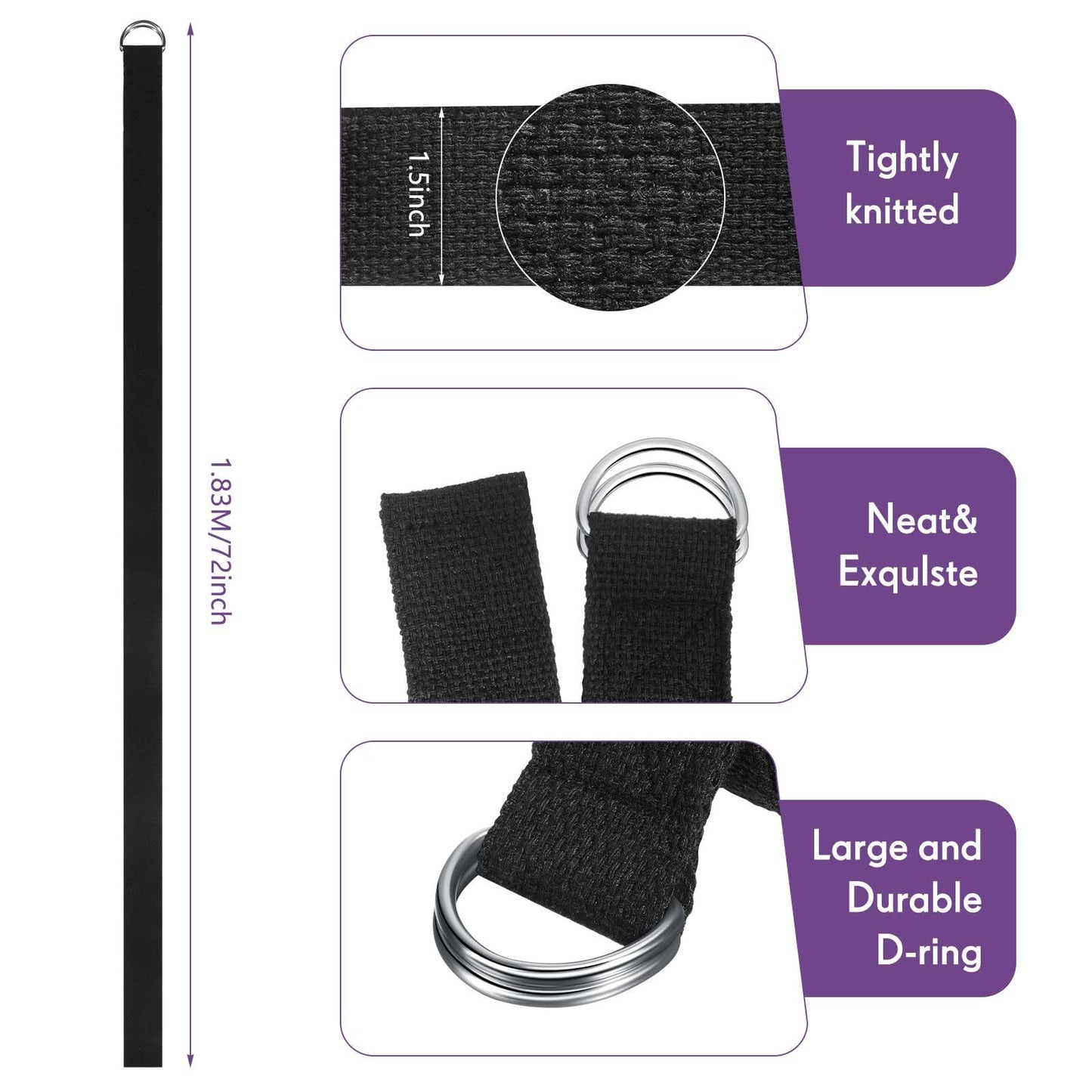 Jerify 10 Pcs Yoga Strap for Stretching Bulk 6ft Exercise Stretch Band with Metal D Ring Adjustable Pilates Non Elastic Yoga Belt for Women Men Physical Fitness Gym Workout Dance (Black)