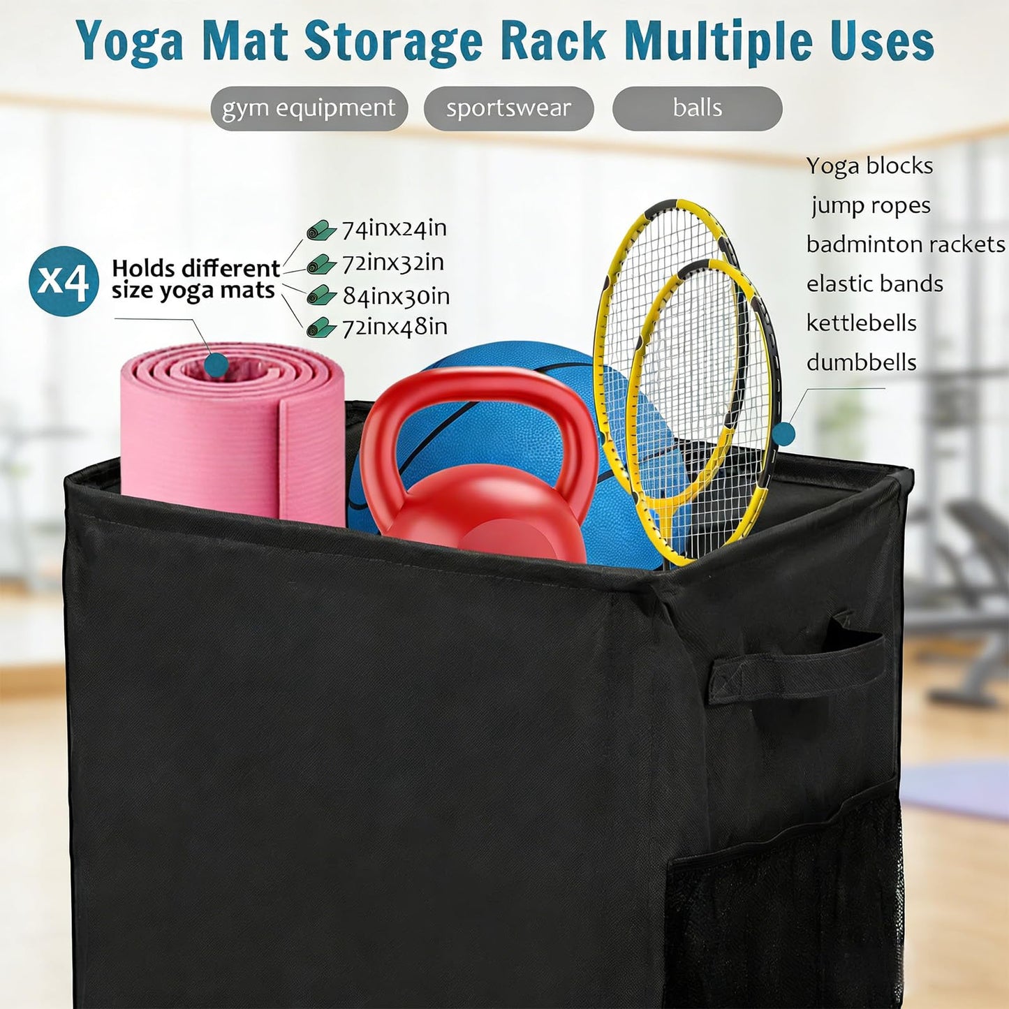 Funvalley Surperfect Yoga Mat Holder, Gym Mats Storage Rack with Wheels, Foldable Fitness Equipment Organizer for Home Gym Decor – Holds 4 Mats, 2 Foam Rollers, 6 Bands, with Mesh Pockets