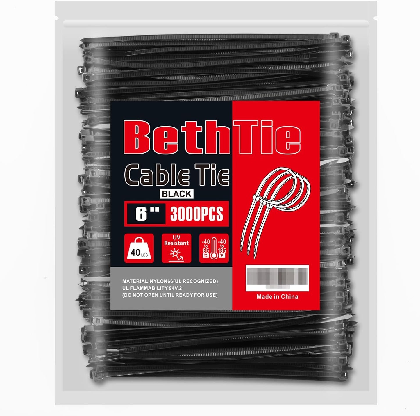 3000 6 Inch, 40 LBS PA66 BethTie PCS Black Zip Ties Tensile Strength, Self-Locking Nylon UV Resistant Cable Ties