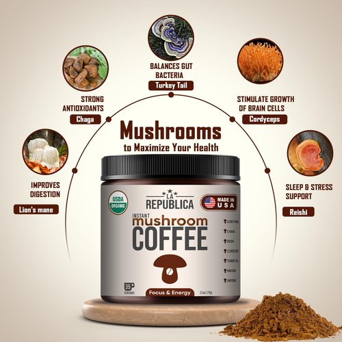 La Republica Organic Instant Mushroom Coffee 2-Pack (70 Servings), 100% Arabica with Lion's Mane, Reishi, Chaga, Cordyceps, Shiitake, Maitake, Turkey Tail