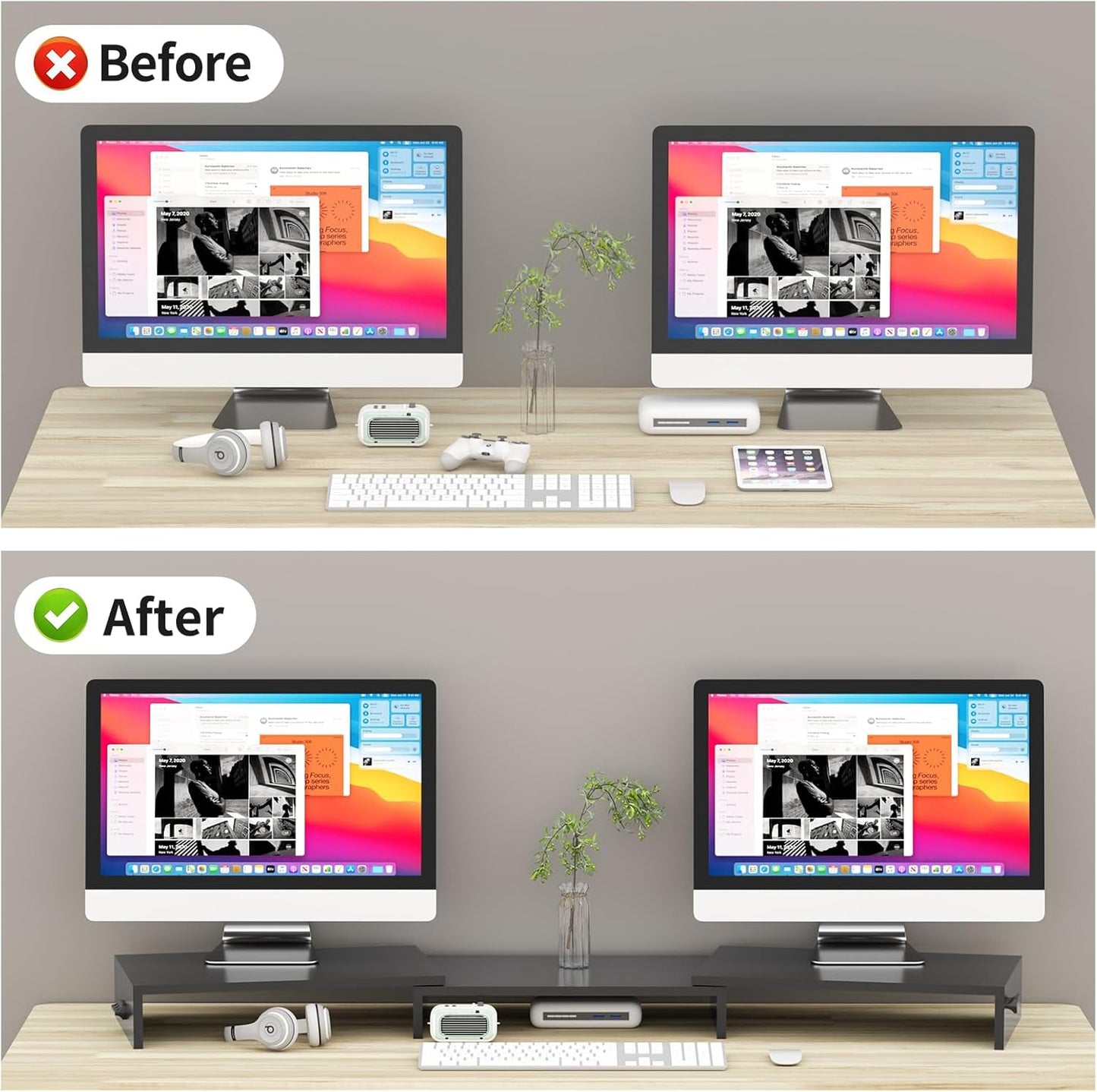 2 48.2" 44 lbs Pholiten Dual Monitor Stand Riser for MonitorsDesktop Monitor Stand with Adjustable Length and Swivel