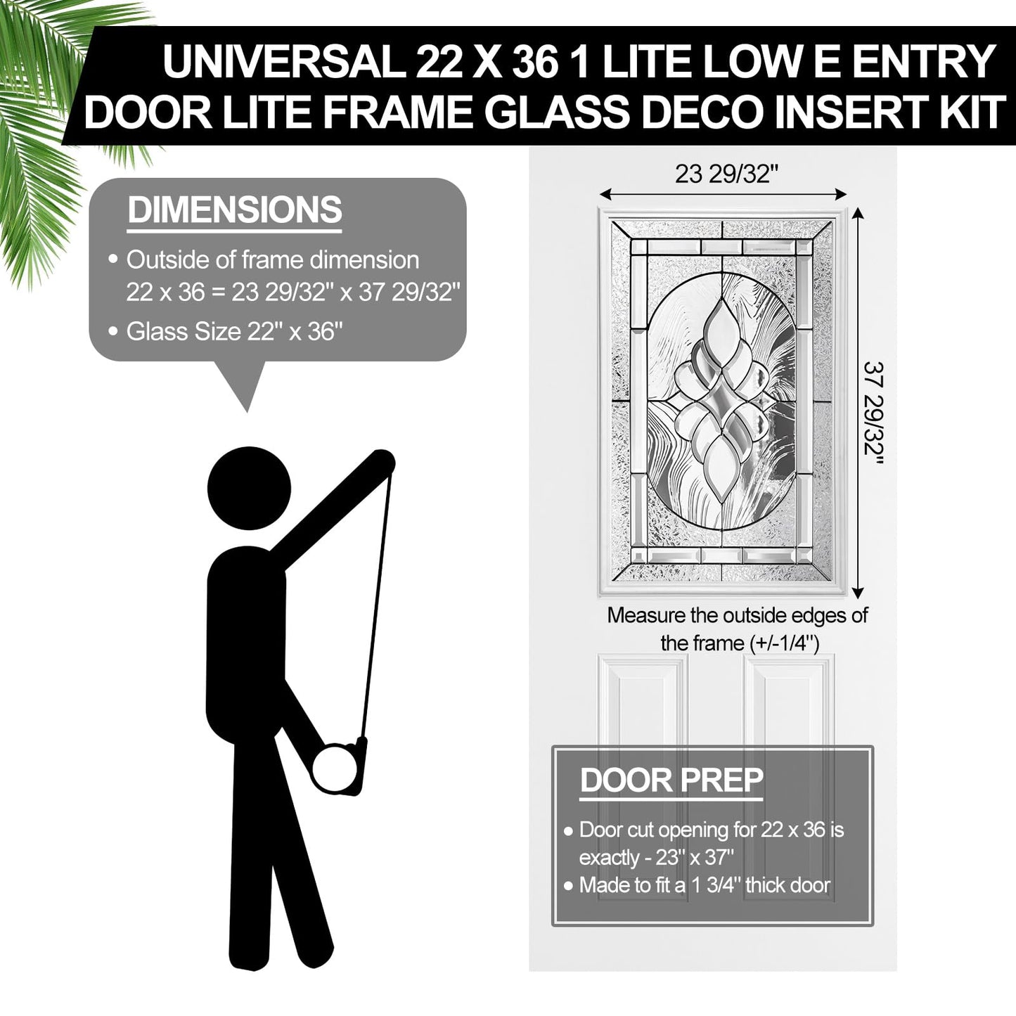 Pushglossy Entry Door Glass Insert White Exterior Front Door Window Inserts Replacement Kit for Home Improvement (22 x 36,Nickel Caming)
