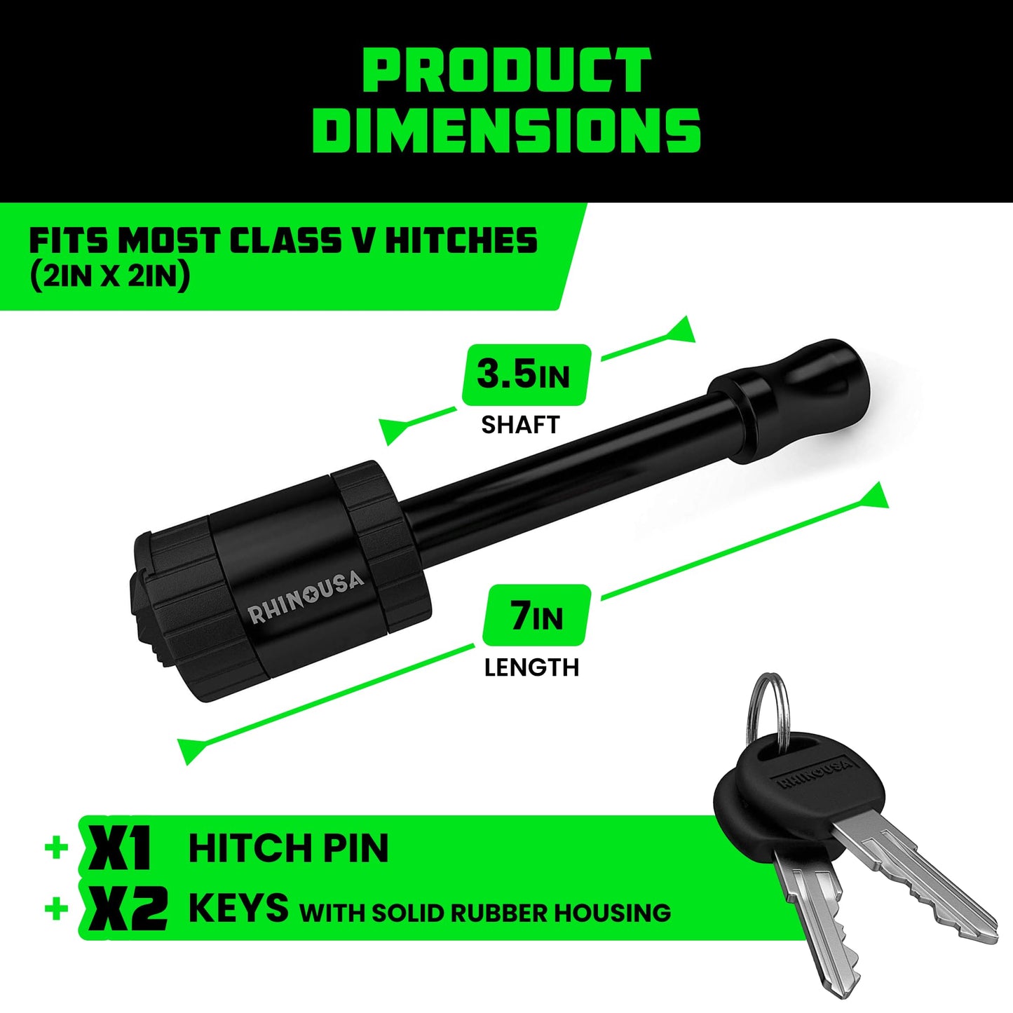 Rhino USA 2” Trailer Hitch Pin – Patented 5/8" Locking Receiver Pin for Class III/IV Hitches – Weatherproof, Anti-Theft, Debris-Protected – Tow Truck Ready – Black 1PK