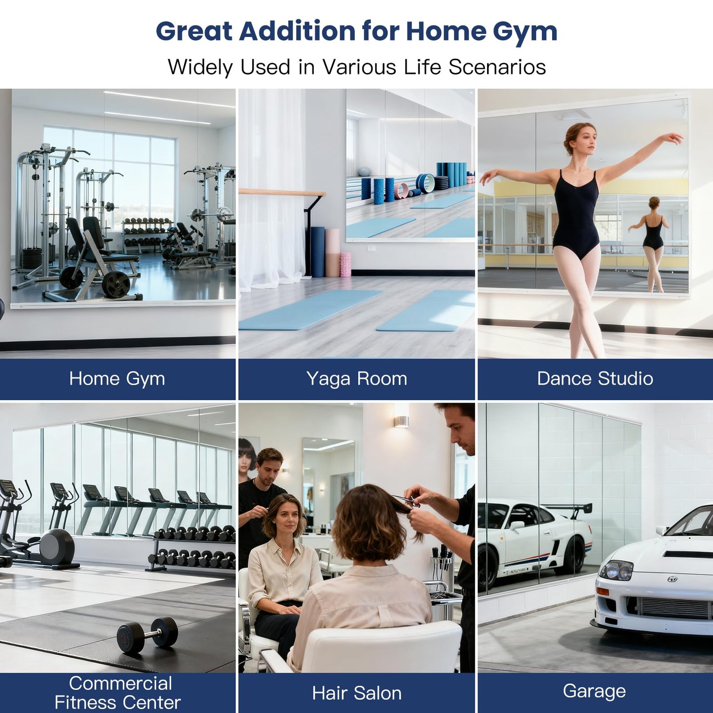 Amorho Gym Mirror, 56''x48''(3pcs 56''x16'') Frameless Full Body Mirror for Home Gym Wall, Tempered Glass, Yoga Studios, Dance Rooms, Garage Gyms.