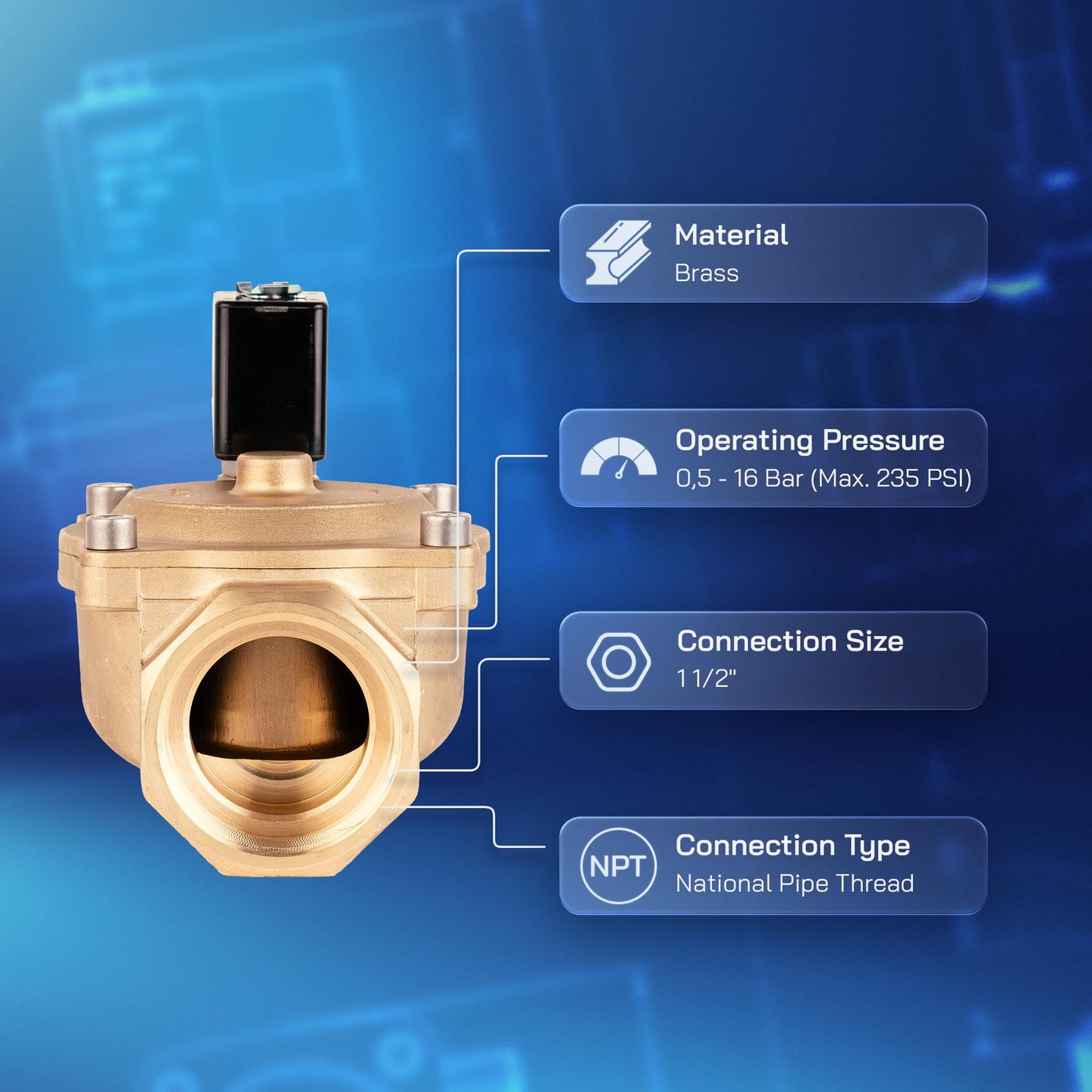 UNOX 1 1/2" NPT Solenoid Valve 24V DC, Brass Control Valve Normally Closed - 7-232 PSI Multi-Purpose Reliable Control Valve for Water, Air, and Gas - Solenoid Valves
