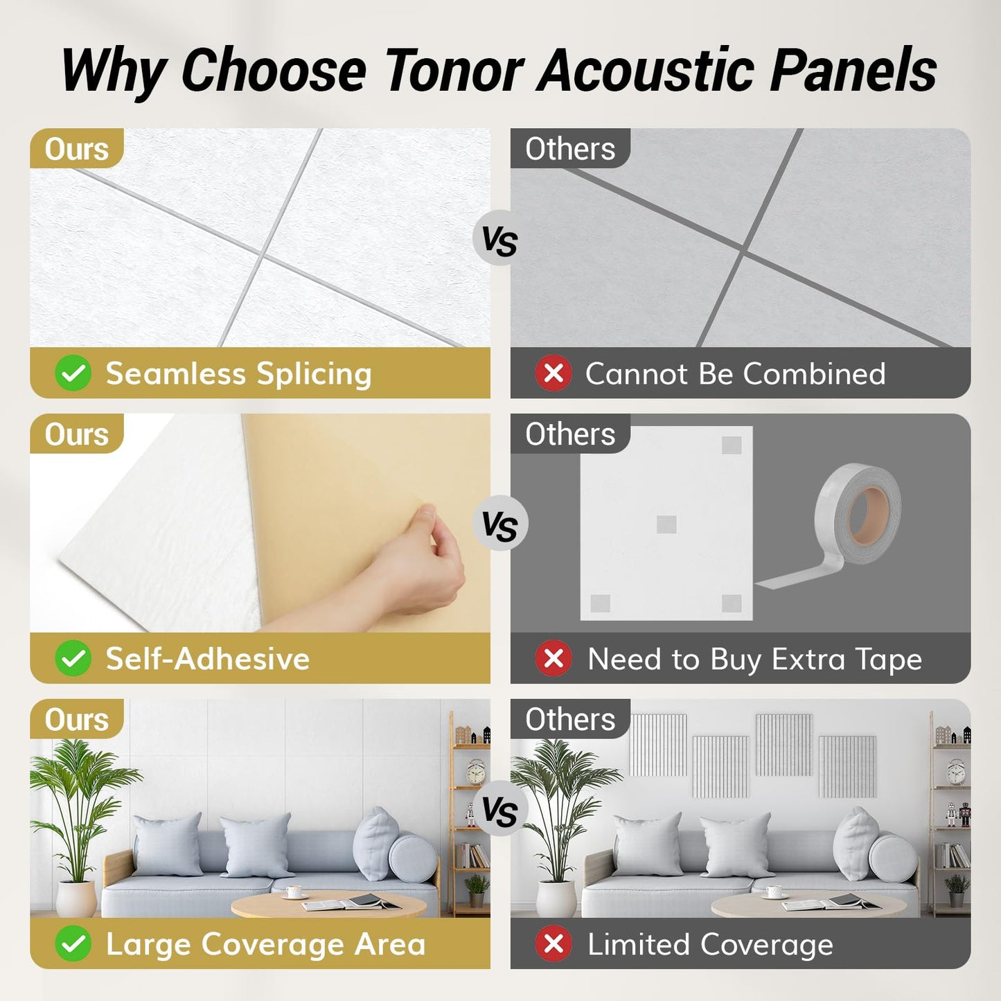 TONOR Large Acoustic Panels Self-Adhesive, 8PCS 44.1" x 21.7" Sound Absorbing Panel, Acoustic Wall Panels for Interior Wall Decor and Recording Studio Acoustical Treatments, Living Room, Oatmeal