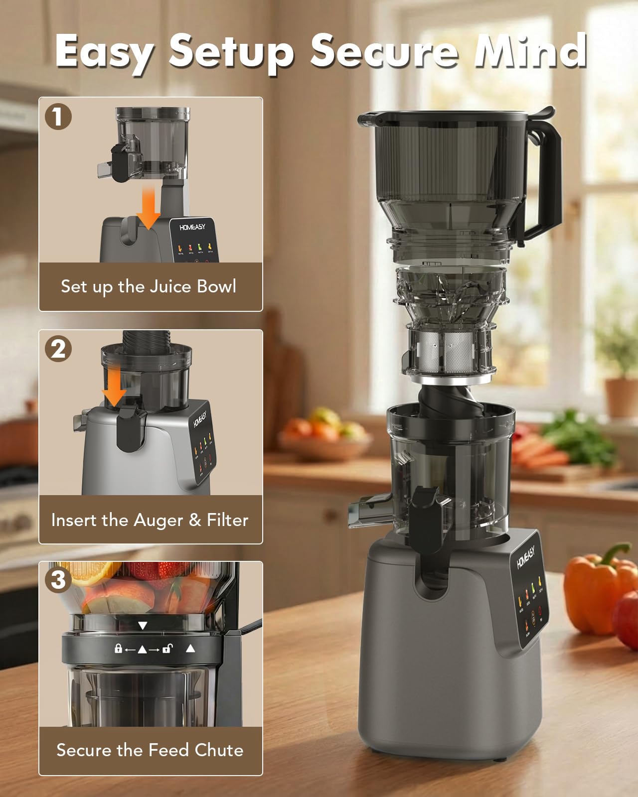 HOMEASY Cold Press Juicer Machines, 5.8'' Large Feed Chute for Whole Fruits and Vegetables, 300W Slow Masticating Juicer, High Juice Yield, 5 Smart Modes, Easy to Clean