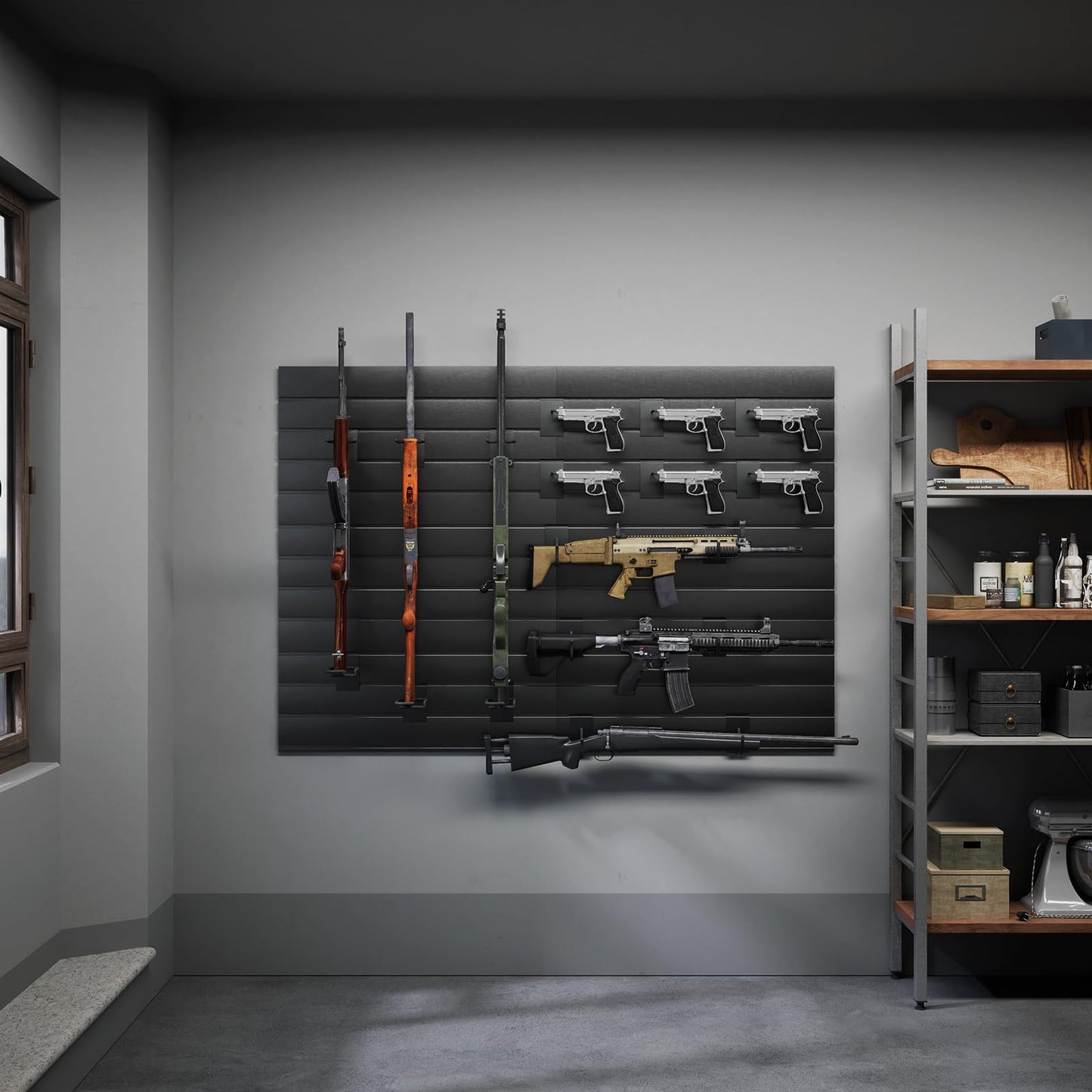 Gun Wall Mount Display Heavy Duty Adjustable Indoor Gun Rack Wall Rack Storage System Suitable for Rifles Storage Modular Firearms Gun Wall Gear Accessories Organizer for Helmet Vest Belt Police Gear