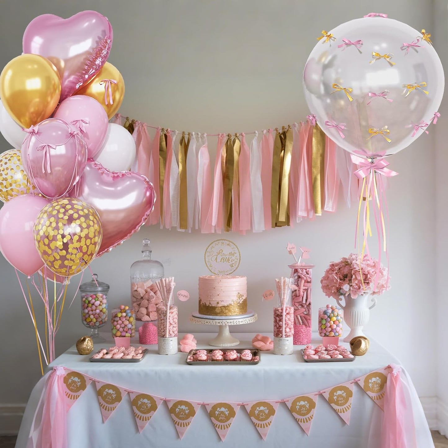 Skiennix Heart Shape Balloons - Light Pink & Gold Metallic Confetti | 18" Clear Mylar for Birthday Decor