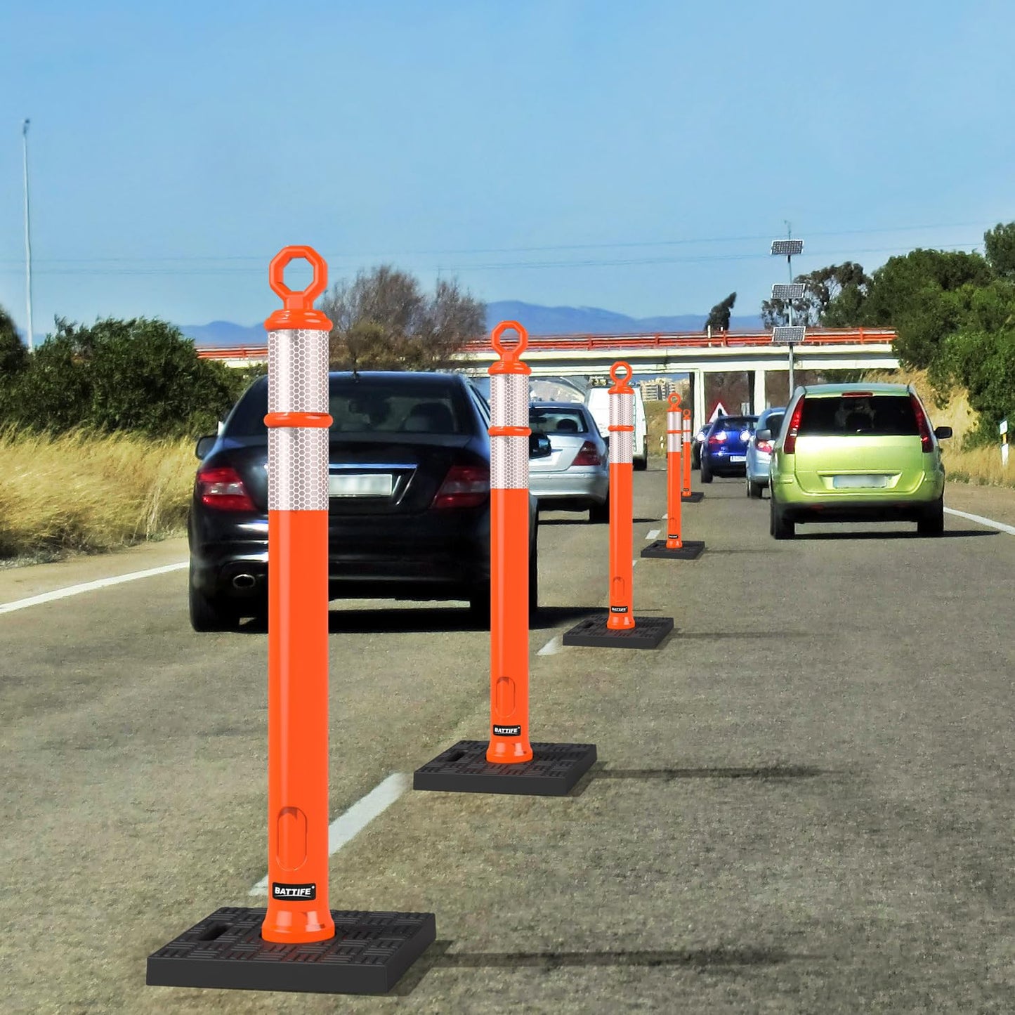 BATTIFE 6 Pack 42 Inch Orange Traffic Delineator Posts with Reflective Collars and Base, Safety Cones for Construction Zones and Driving Practice