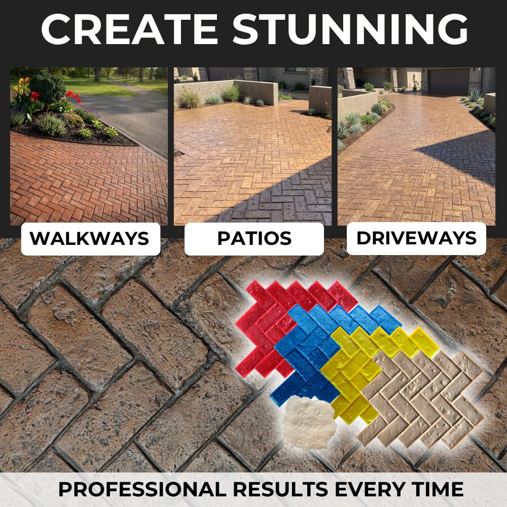 Vintage Herringbone Brick Concrete Stamps Set of 5 – Made in USA – 32.75" x 26" – Durable Polyurethane – Rigid & Flexible Forms for Driveways, Walkways and Patios – SM 4100/S-5