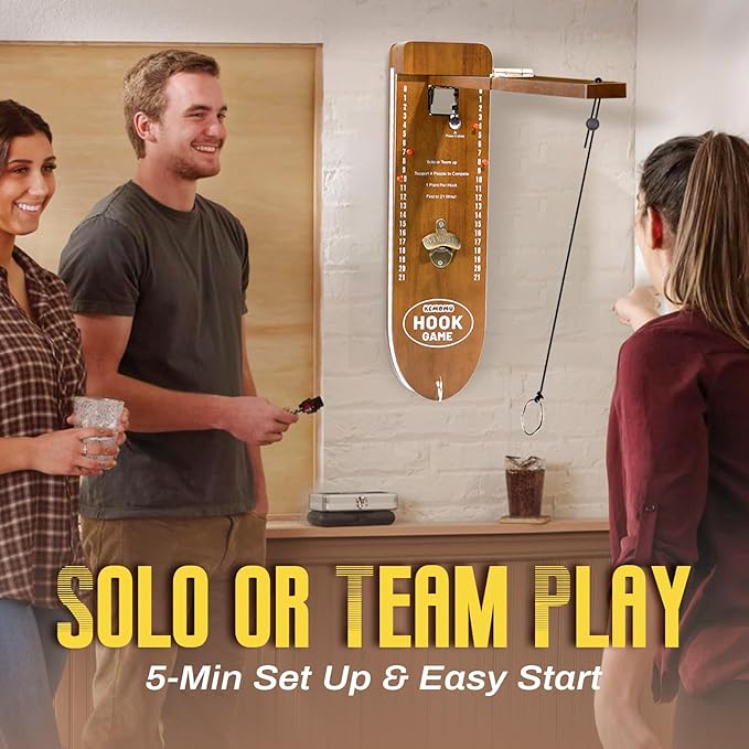 Ring Toss Game, Man Cave Decor, Solid Wood Wall Mounted Hook and Ring Game with Adjustable Rings & LED Lights, Ring Swing Game,Outdoor Games,Yard Games