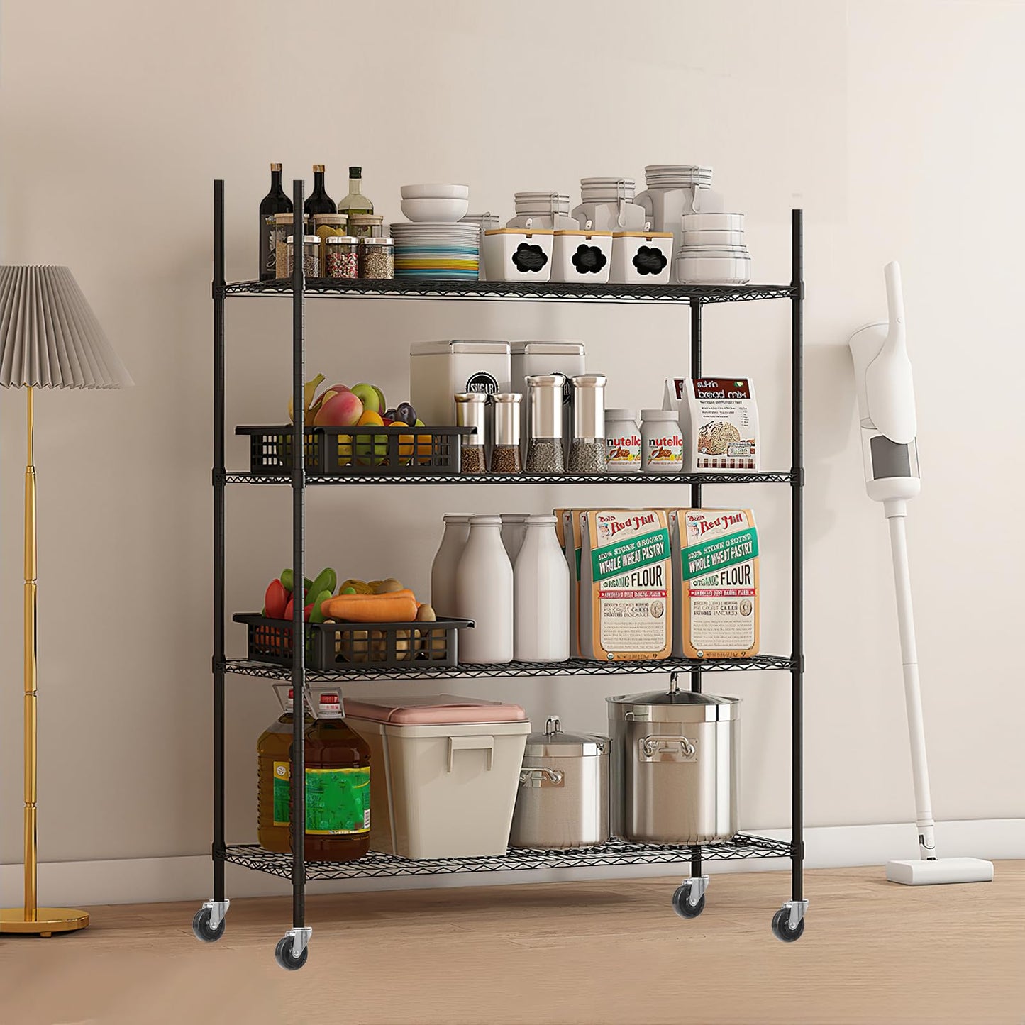 Vioranex Heavy Duty Adjustable Metal Shelving Unit with Wheels, 2400LBS Capacity, 4-Tier Wire Rack for Garage, Pantry, Kitchen, 59" W x 19.5" D x 62.3" H