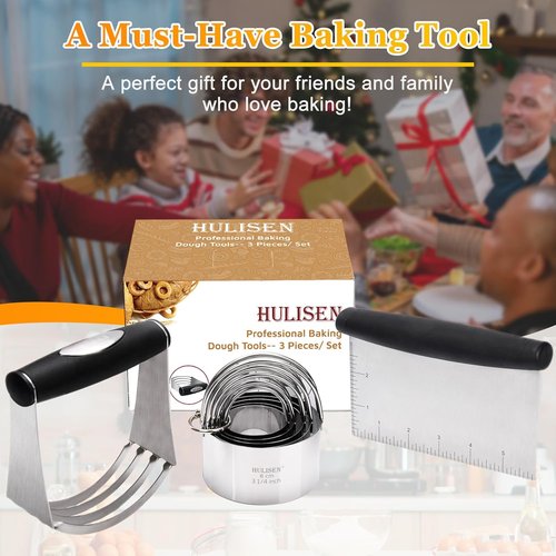 HULISEN Stainless Steel Biscuit Cutter Set - Durable Pastry Scraper & Dough Blender | Ergonomic Grip, 3-Piece Gift Set