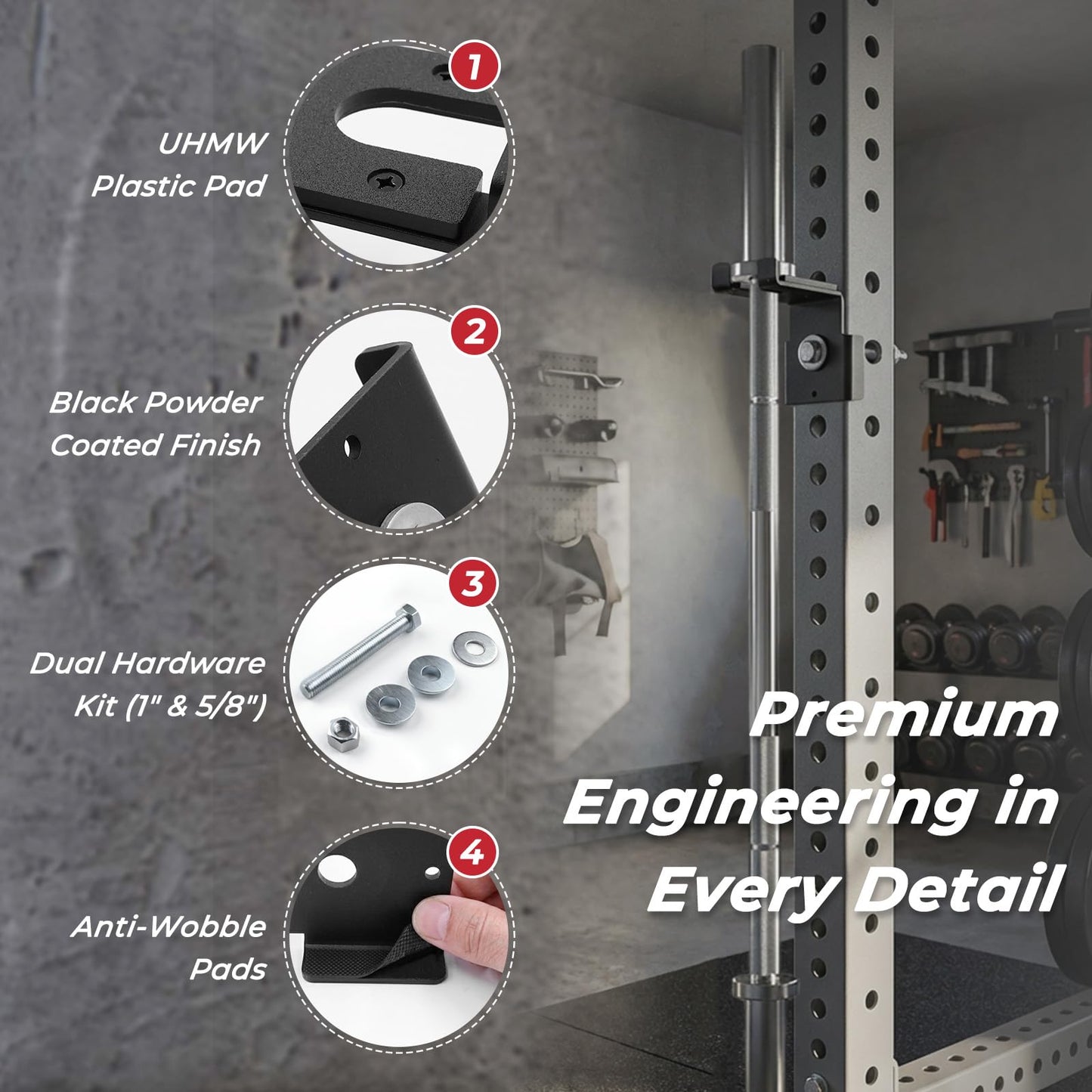 Lights Mountain Universal Vertical Barbell Holder for 3x3 Squat Rack, Tool-Free Installation with 5/8" & 1" Hole Hole Adapters, UHMW Lined Barbell Hanger, Heavy Duty Barbell Storage
