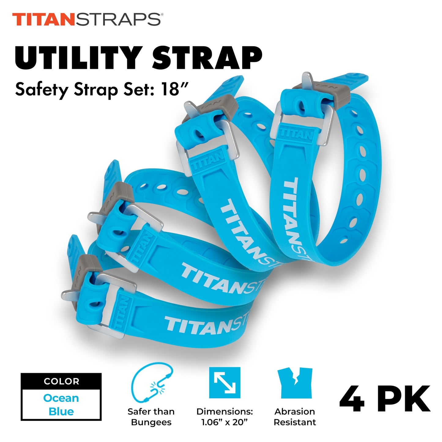 Titan Utility Straps – Easy-to-Use, Reliable Tension Straps for Securing Bike & Moto Gear, Skis, Garden Hoses, Field Repairs – Use in Frigid Temp – 60 lb.Working Load, 14" Length, Ocean Blue, 4-Pack
