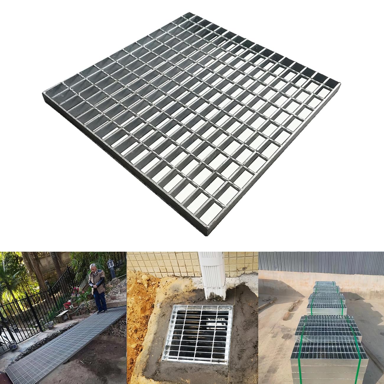 Outdoor Galvanized Steel Drain Grate, Heavy Duty Drain Cover,B125 Class Channel Grate,Rust-Proof Metal Sewer Grate,Silver Square Drainage Grate for Driveway,Garage,Yard (28 * 28in)