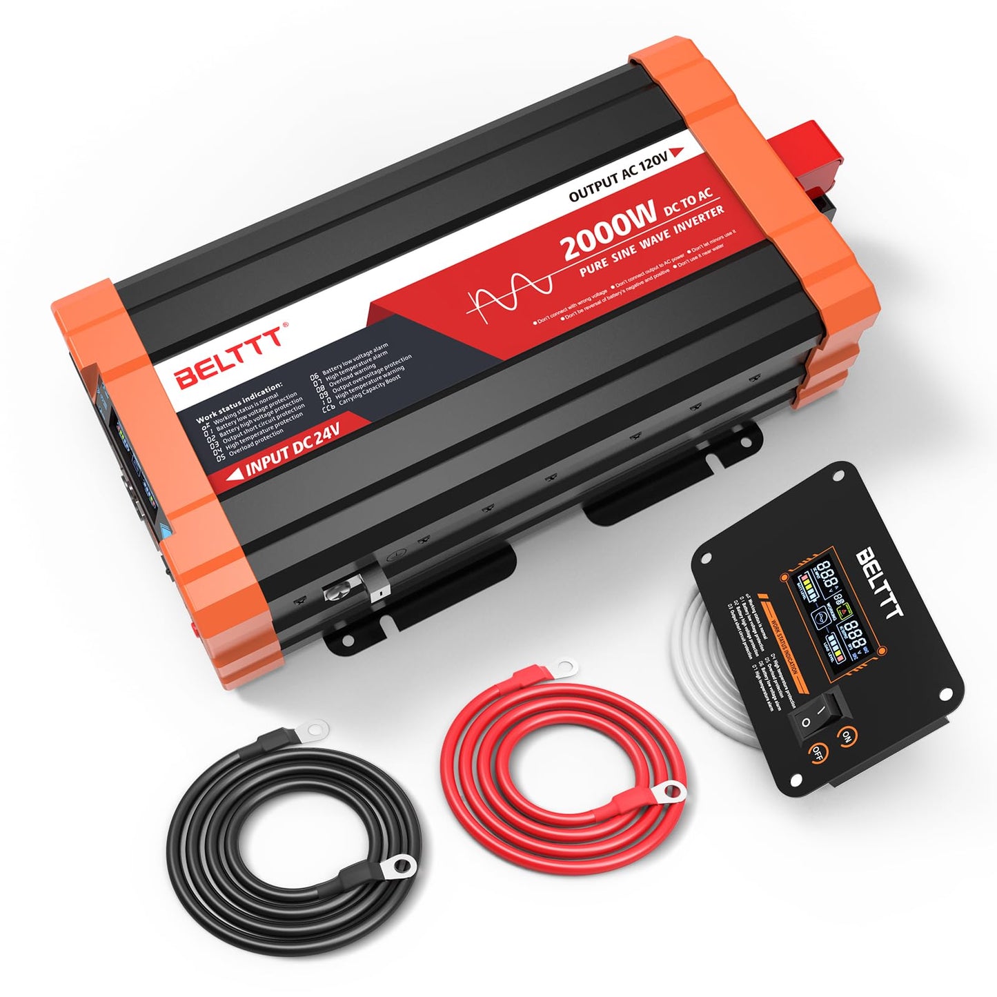 BELTTT 2000W 24V Inverter Pure Sine Wave Inverter 24V DC to 120V AC for Solar, Off-Grid, RV, Truck,Power Inverter, Dual AC and 20A Socket, 5V 2.1A USB, Hardwire Port, Remote Controller, Surge 4000W