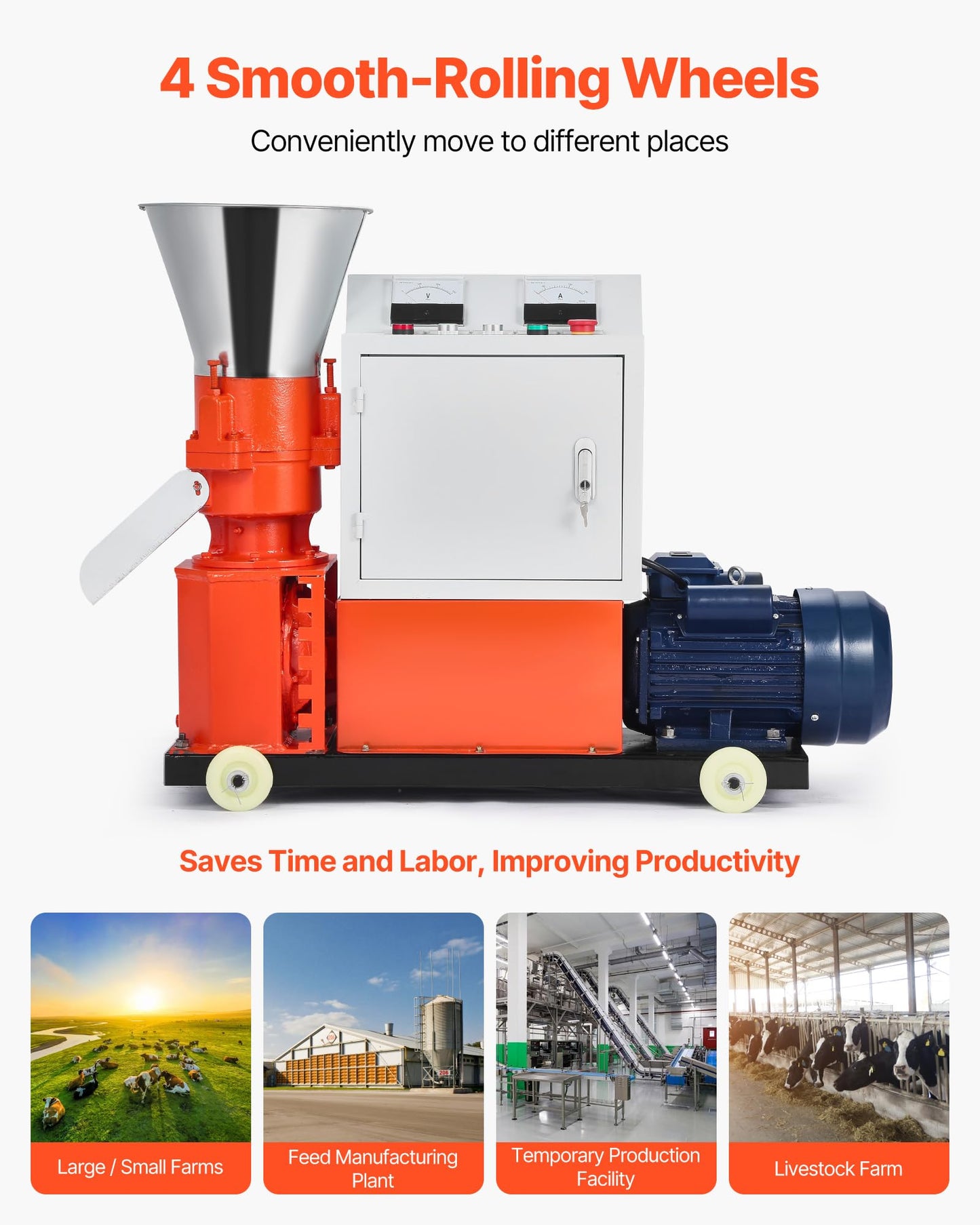 VEVOR Feed Pellet Mill Machine, 6 mm Animal Feed Pellet Making Machine, 3KW 240V Animal Food Granulator Mill Machines with 3 Pressure Rollers & 4 Wheels, Ideal for Poultry, Livestock, Farm Animals