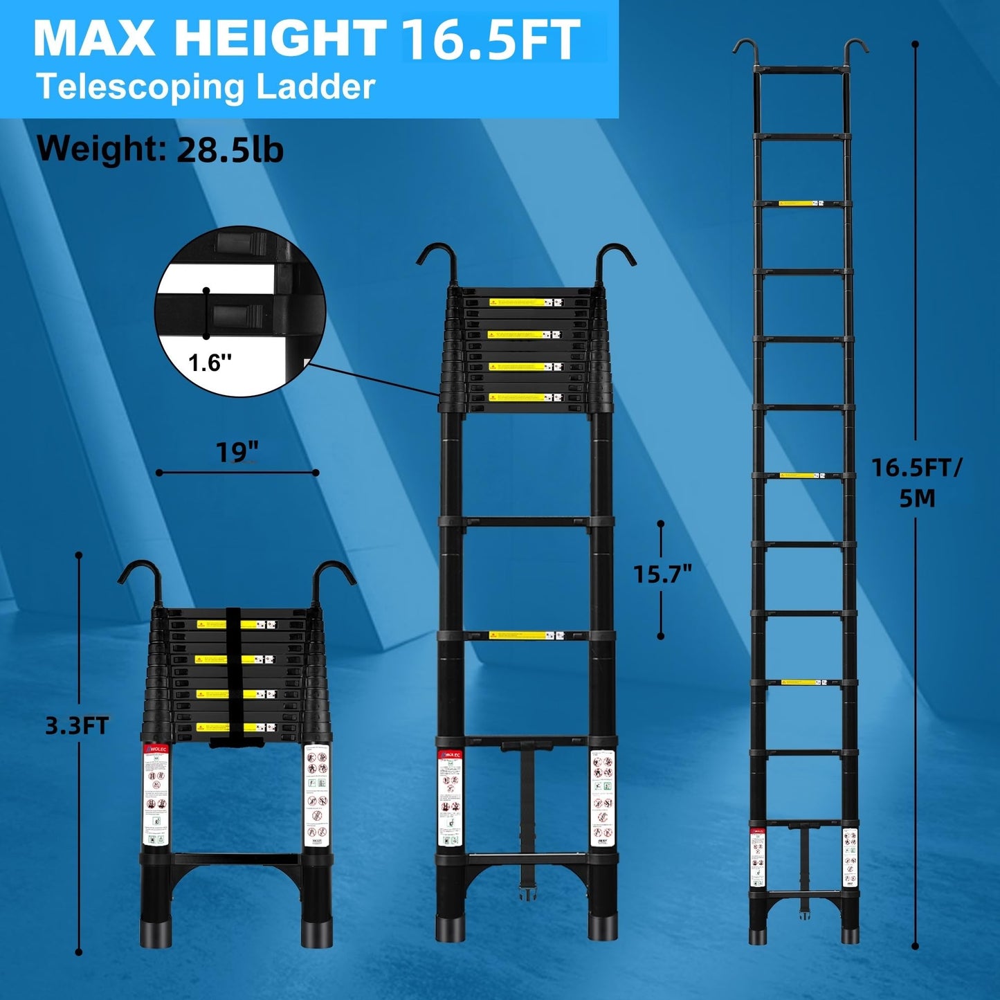 Wolec 16.5 ft Aluminum Telescoping Ladder, 330 lb Load, Hooks, Portable Collapsible Ladder for Home & Work, Black