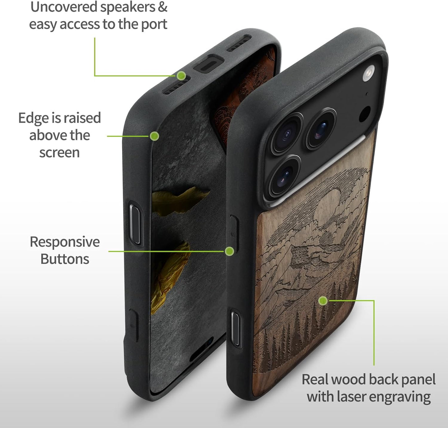 Carveit 17 Magnetic Wooden Case for iPhone Pro Case, Wood Artisan Engraved & Black Soft TPU Shockproof Cover