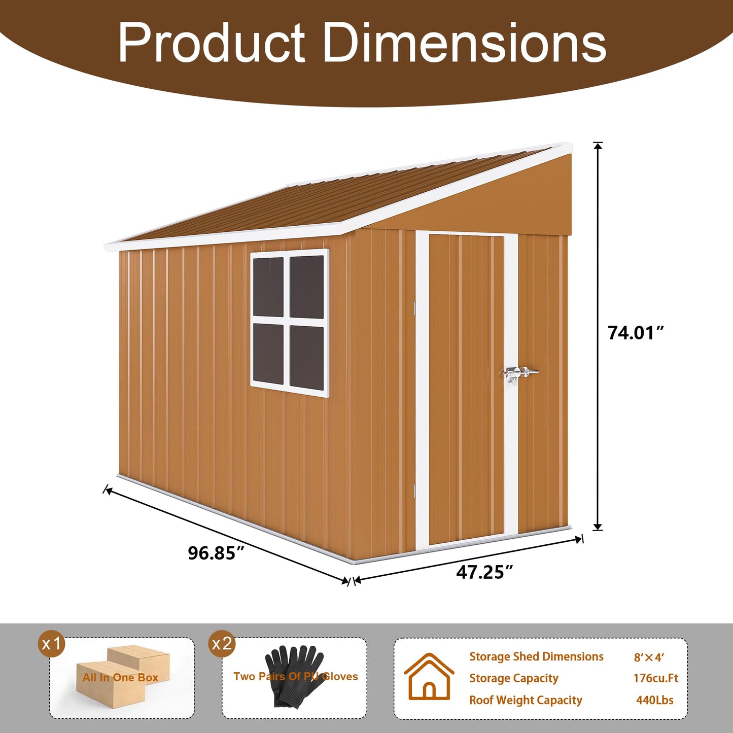 GDFStudio 8x4 FT Heavy-Duty Metal Storage Shed with Hinged Door, Windows & Ventilation, Weatherproof Galvanized Steel Outdoor Garden Shed for Backyard Lawn Patio Tool Storage, Brown, Without Floor