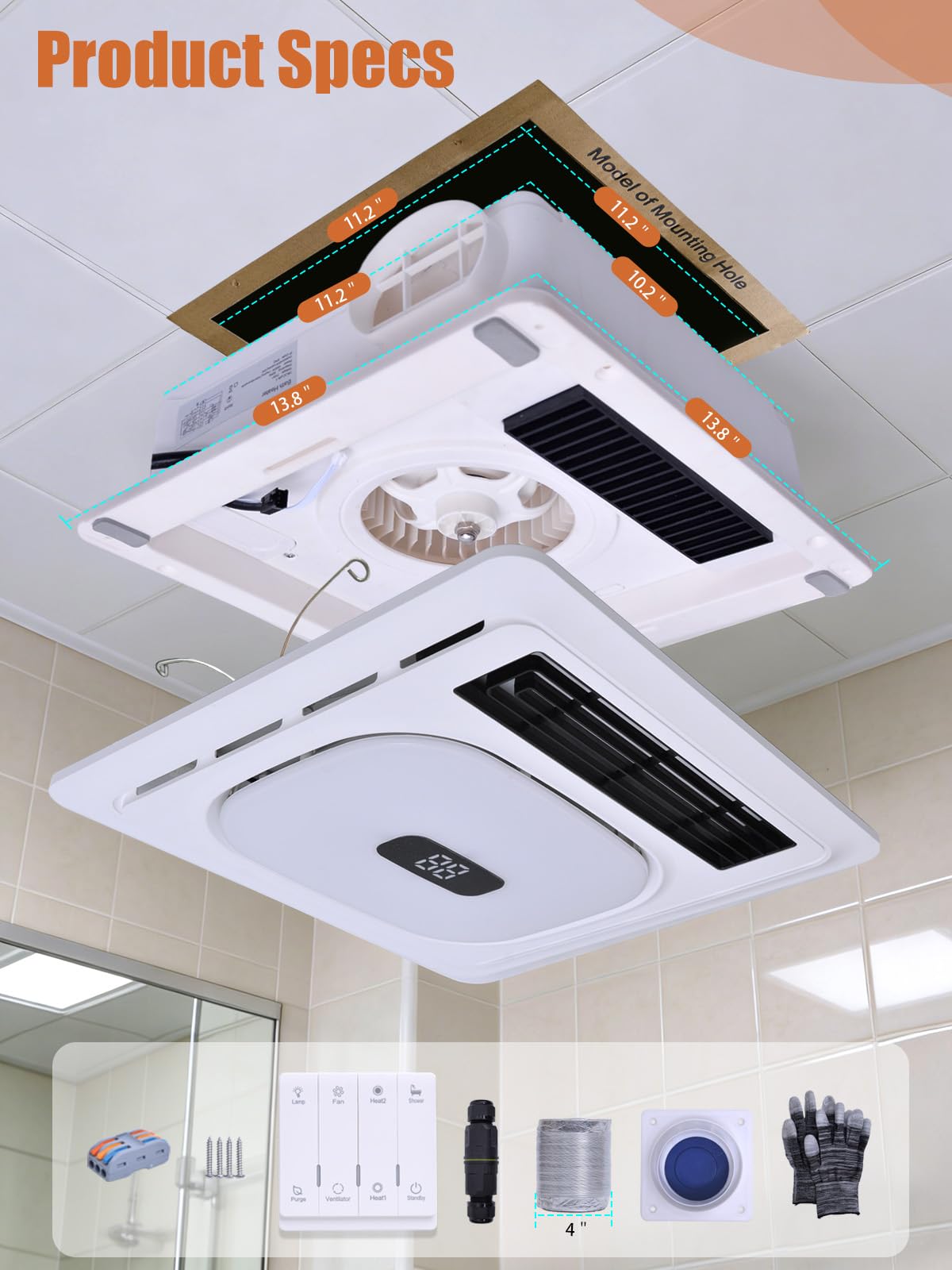4 In 1 Bathroom Exhaust Fan with Light & Heater 1800W, 180 CFM Ventilation 1.0 Sone Bathroom Exhaust Fan with Bluetooth Speaker, 2 Heat Levels, 4 RGB Modes, Remote Control, Ceiling Mount for Bathroom