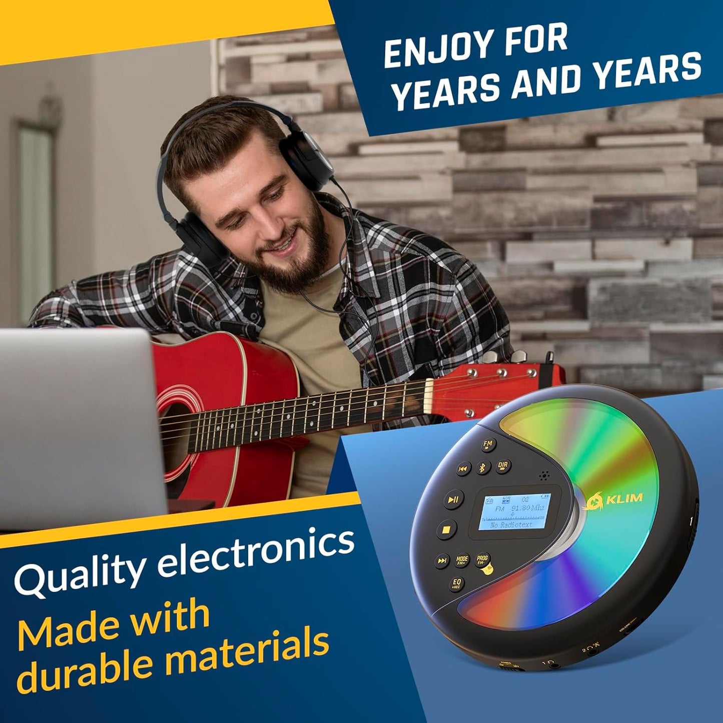KLIM MP3 Discover with Headphones - Portable CD Player with Long-Lasting Battery - New - Radio FM - Compatible CD