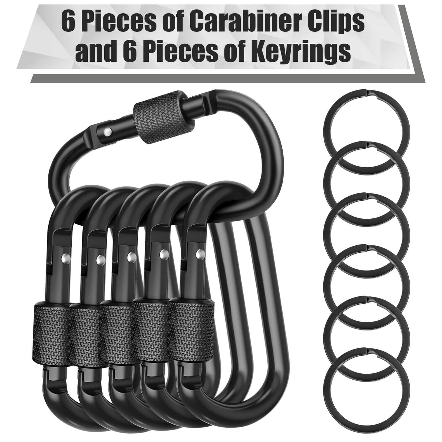 Cridoz Carabiner and Keyring Set, 6 PCS Metal D Ring Carabiner Clips with 6PCS Heavy Duty Key Rings for Keys, Bottles, Backpacks (Black)